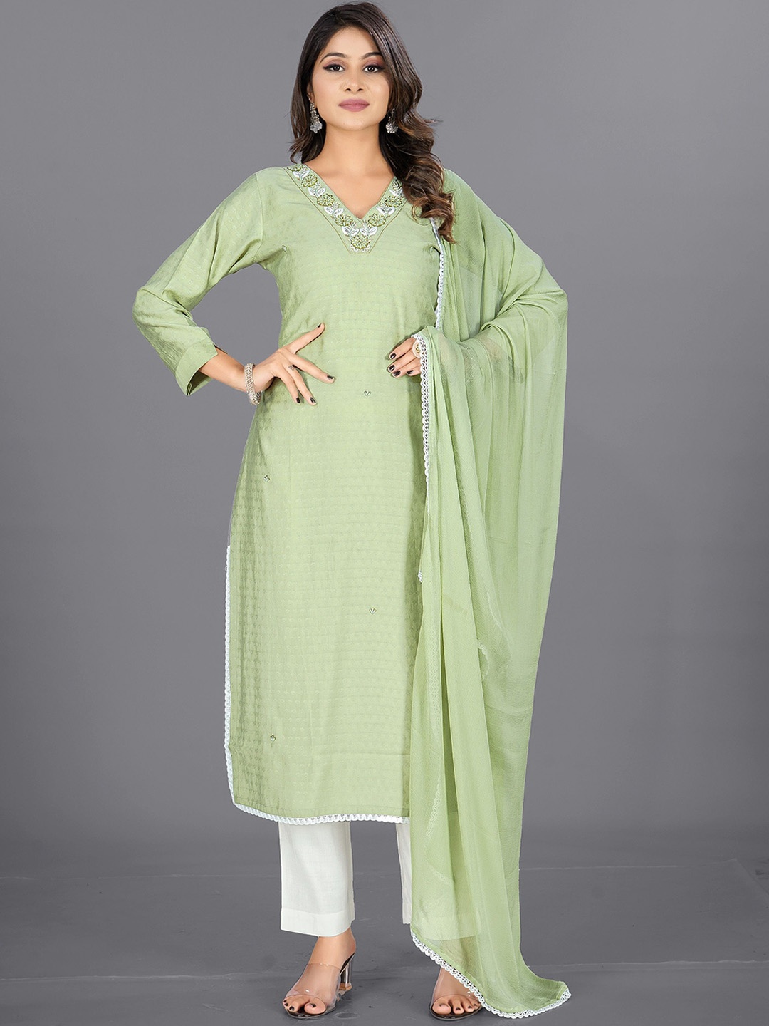 

V B SONS Floral Yoke Design Regular Beads and Stones Kurta With Trousers & Dupatta, Green