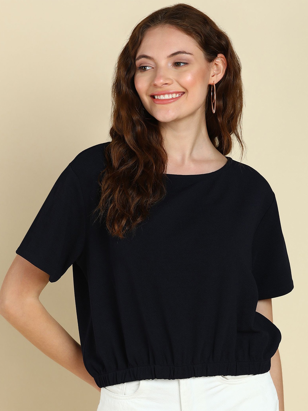 

SAFFE Women Solid Round Neck Top, Navy blue