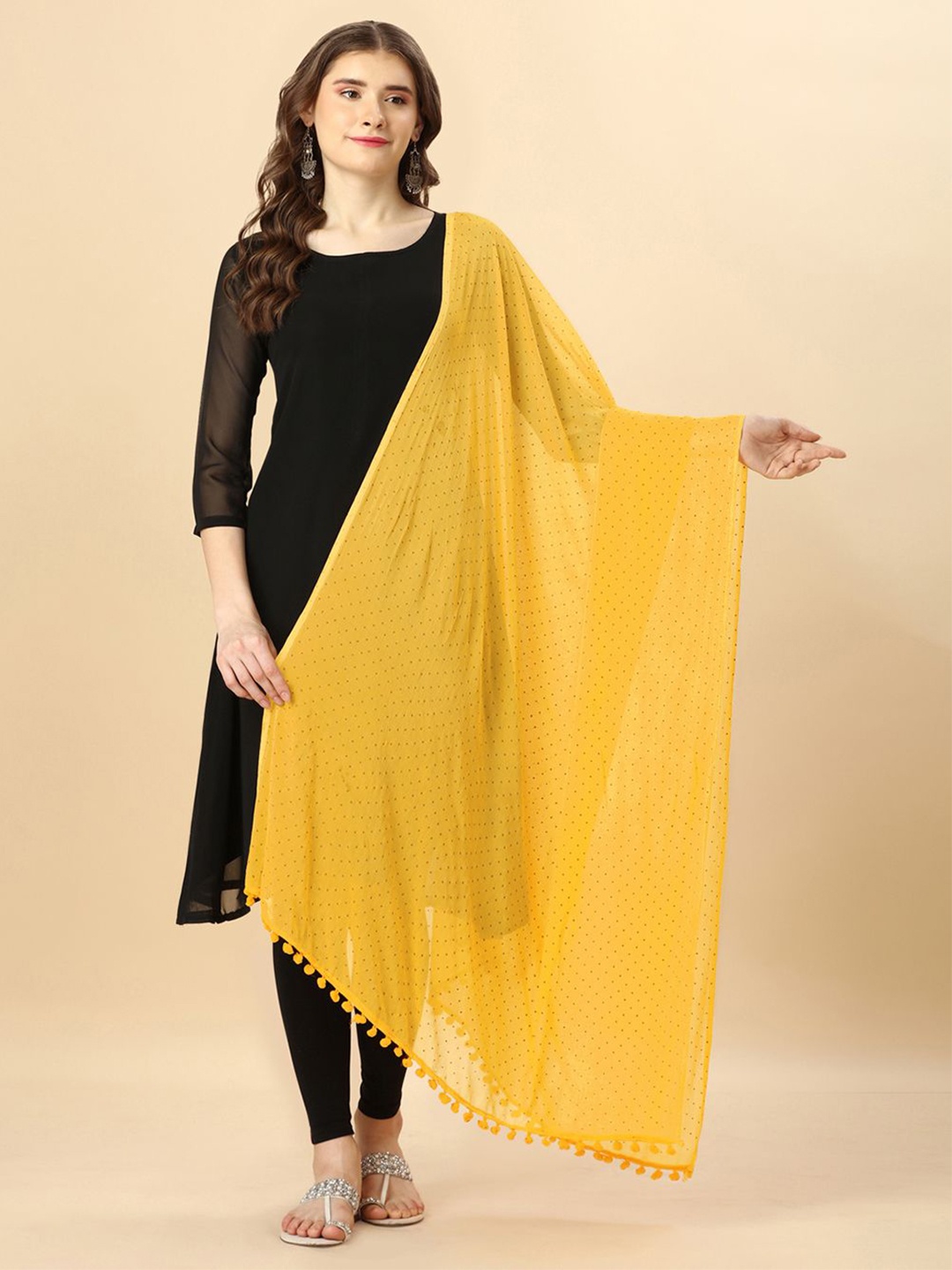 

Suha Polka Dots Printed Tasselled Chiffon Duppatta, Yellow