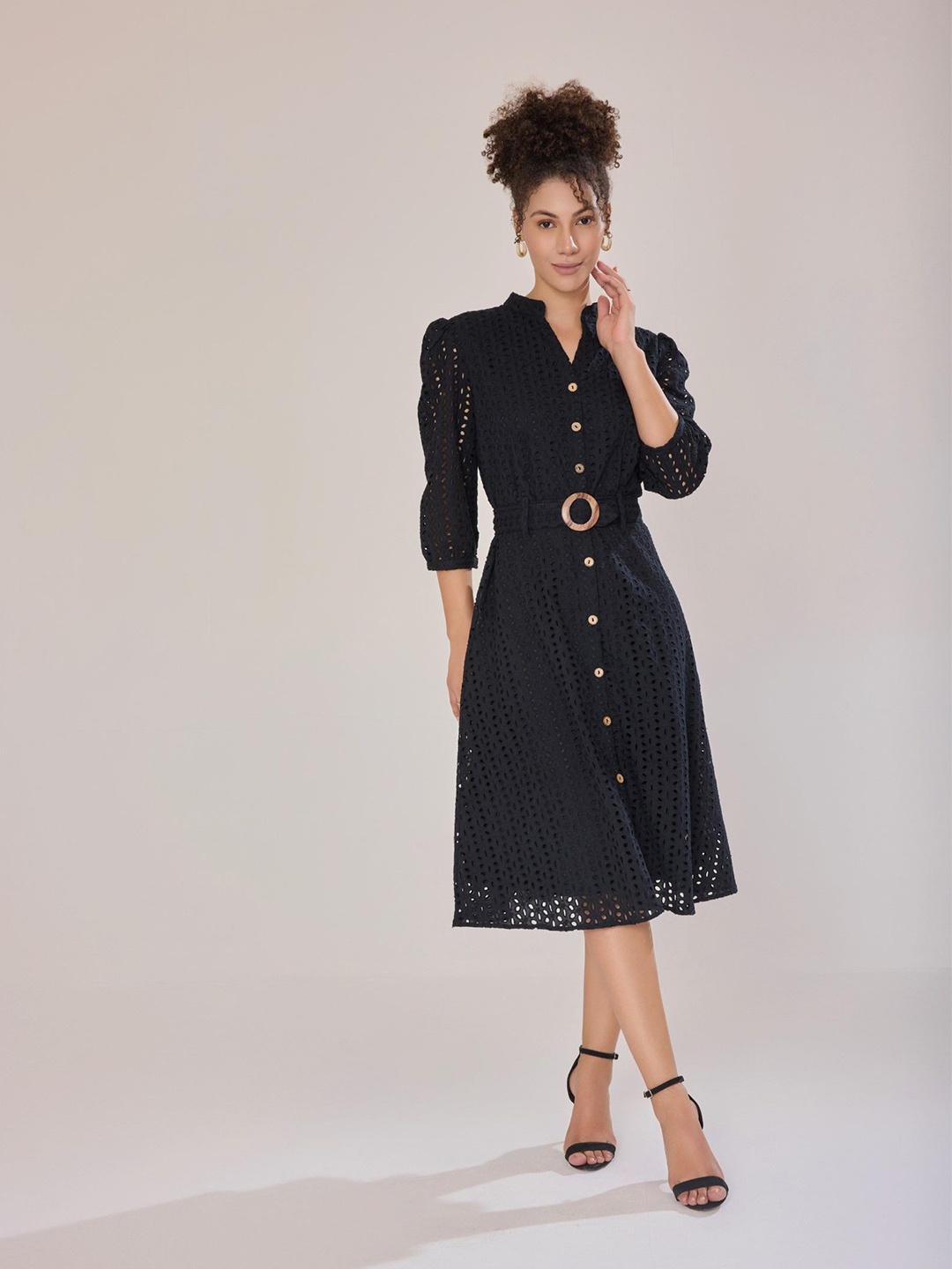 

Urban Sundari Schiffli Belted A-Line Dress, Black