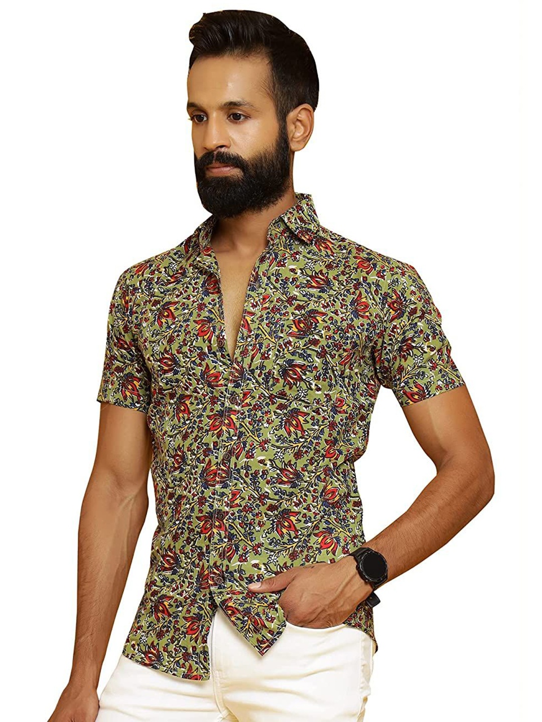 

SAY Men Classic Spread Collar Floral Printed Cotton Casual Shirt, Green