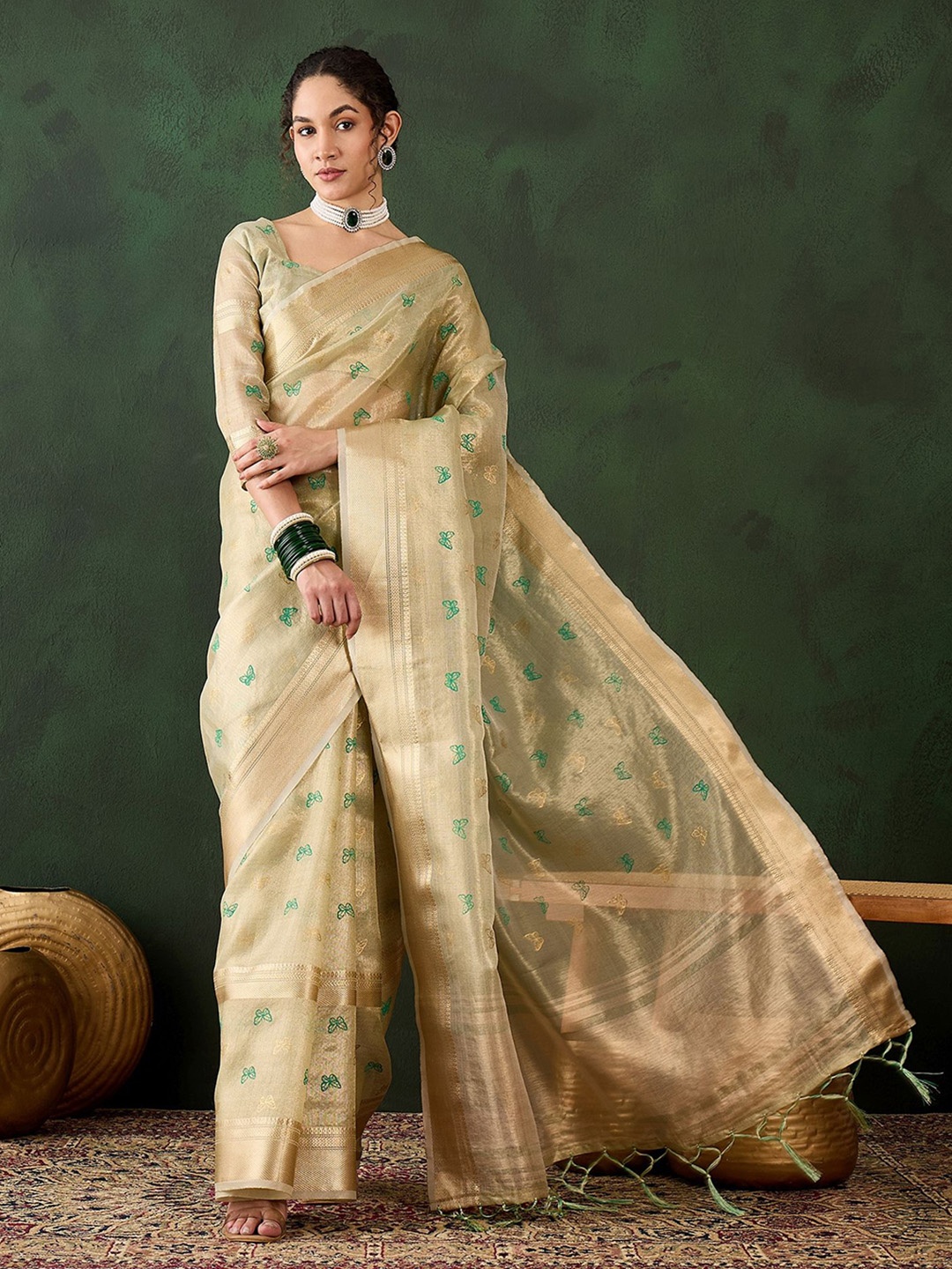 

Sangria Woven Design Banarasi Saree With Blouse Piece, Gold