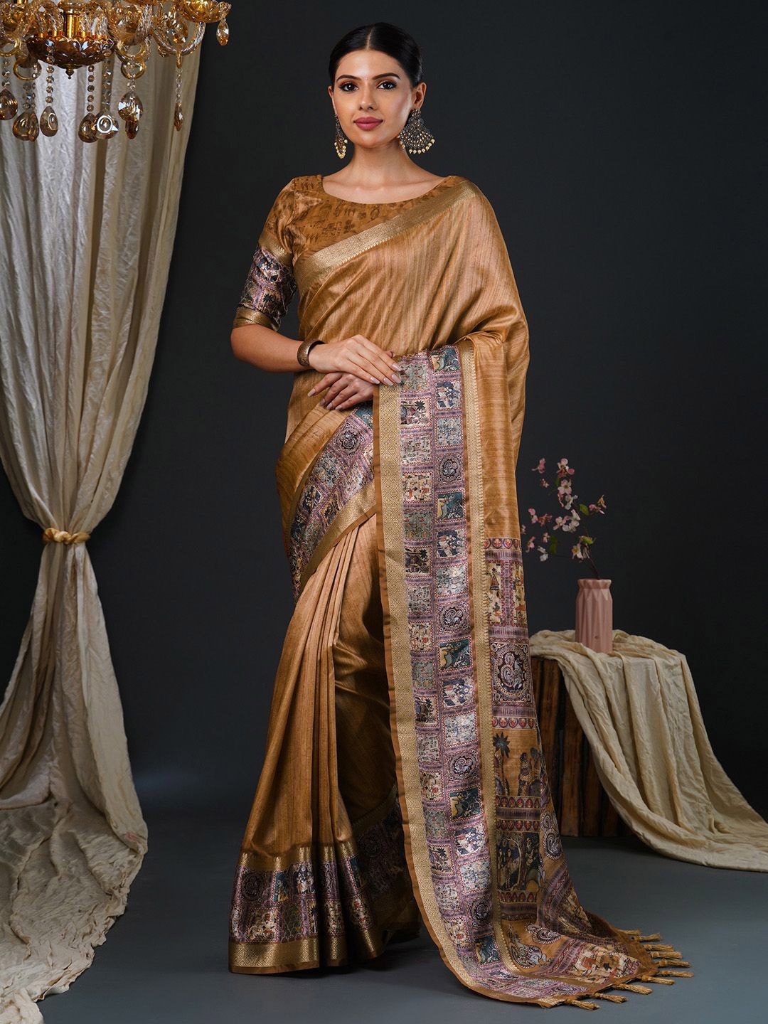 

Anouk Kalamkari Zari Block Print Saree, Camel brown