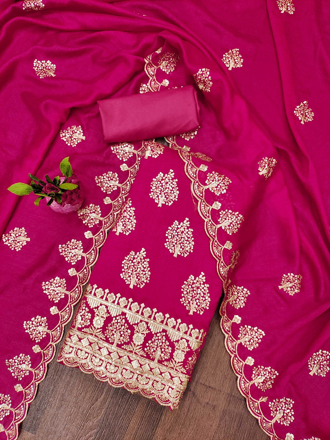 

Ishin Floral Embroidered Sequinned Unstitched Dress Material, Pink