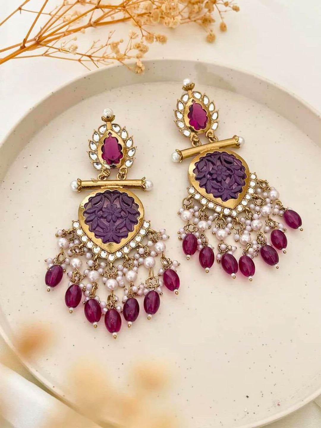 

Anouk Purple Gold-Plated Kundan Studded Teardrop Shaped Meenakari Chandbalis