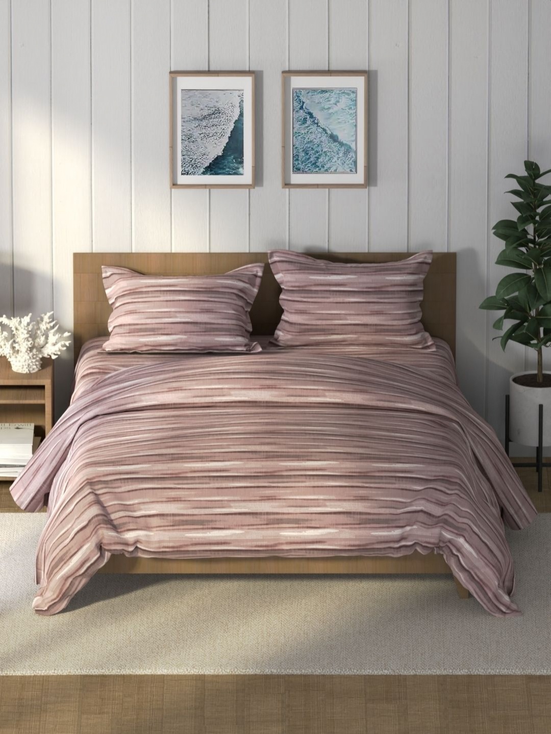 

Nautica Peach-Coloured & White Striped Pure Cotton AC Room Double Queen Bedding Set