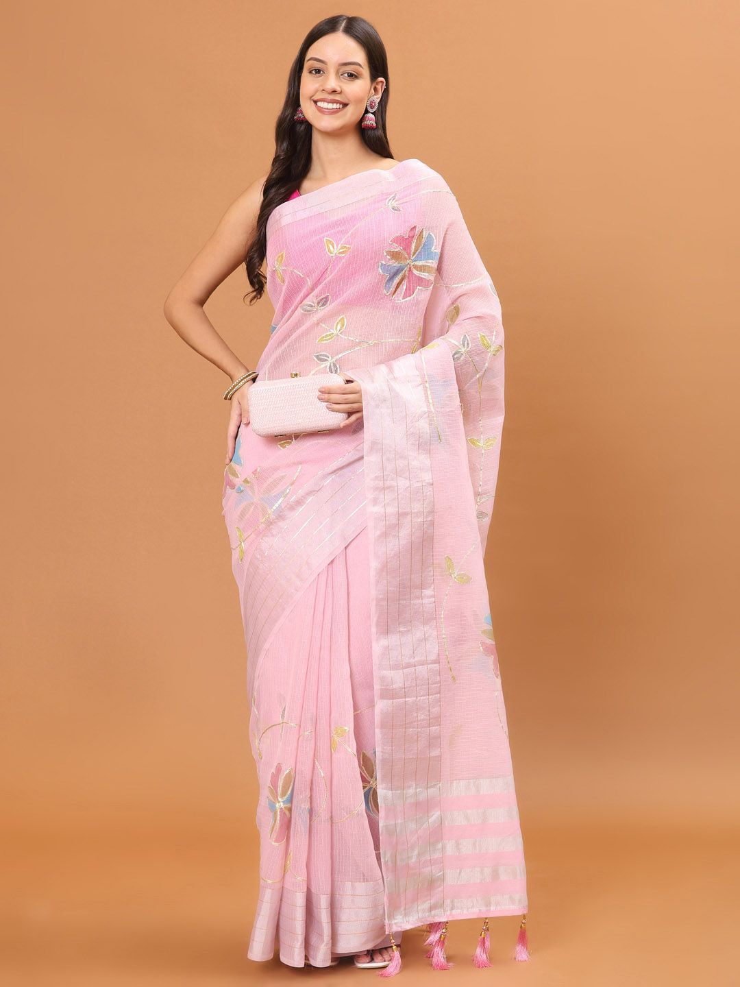 

Meena Bazaar Floral Gotta Patti Saree, Pink