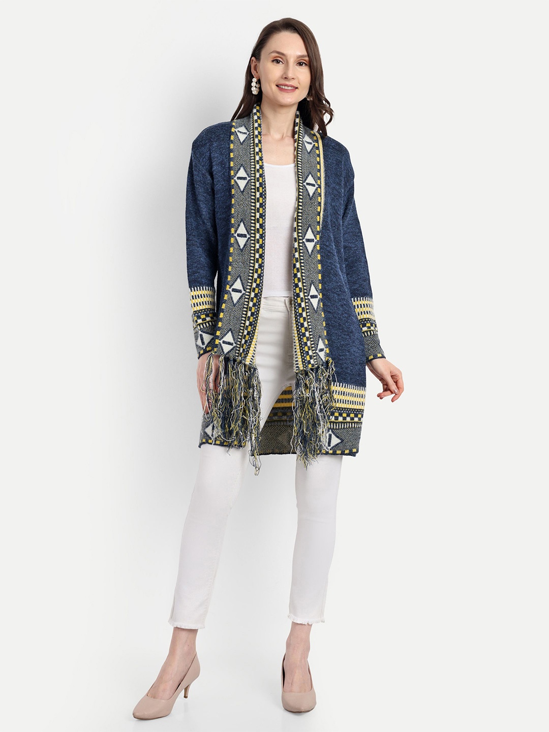 

HAUTEMODA Self Design Woollen Open Front Longline Shrug, Navy blue