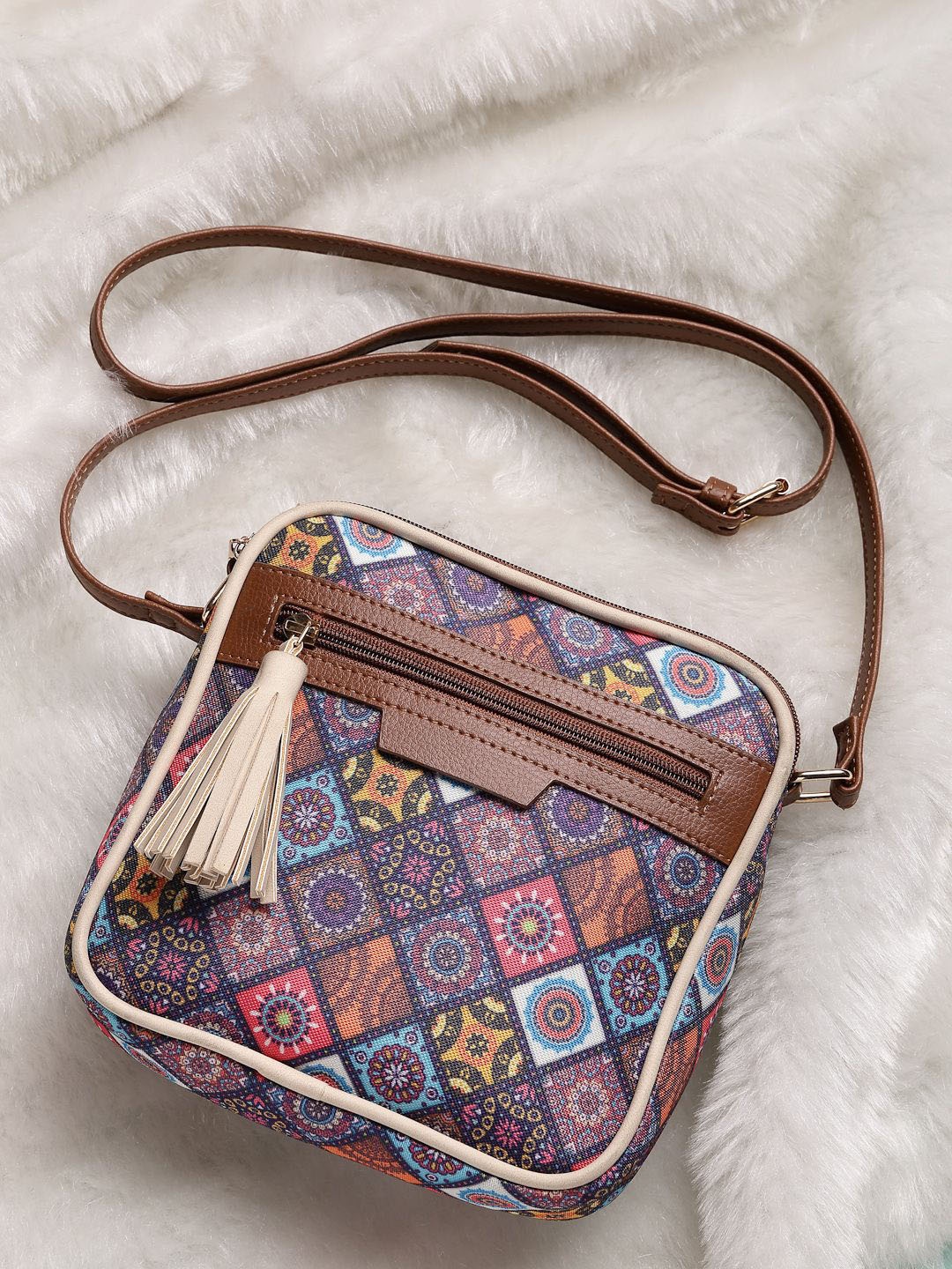 

Sangria Women PU Printed Crossbody Sling Bag, Brown