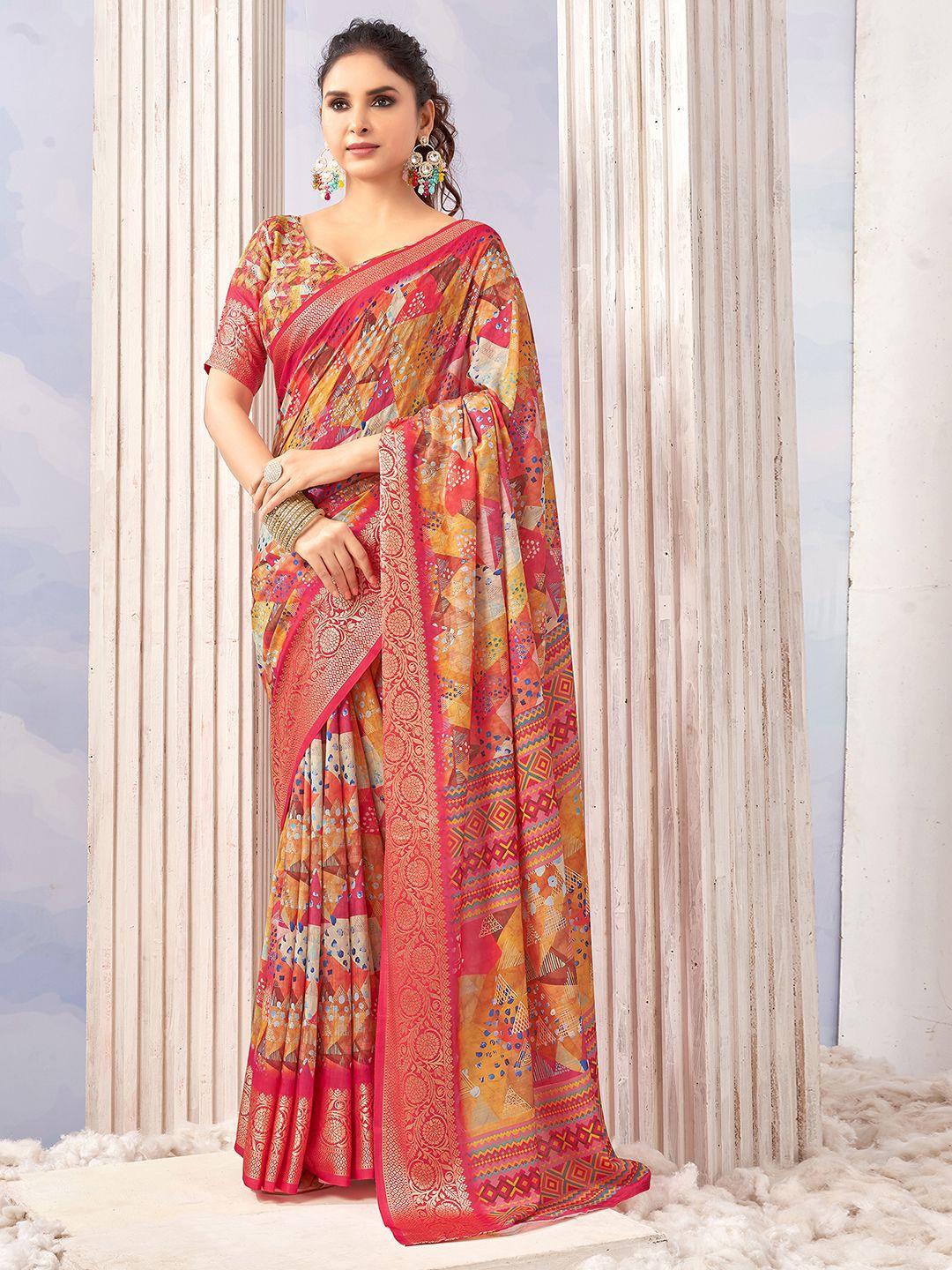 

Mitera Printed Zari Pure Cotton Banarasi Saree, Red