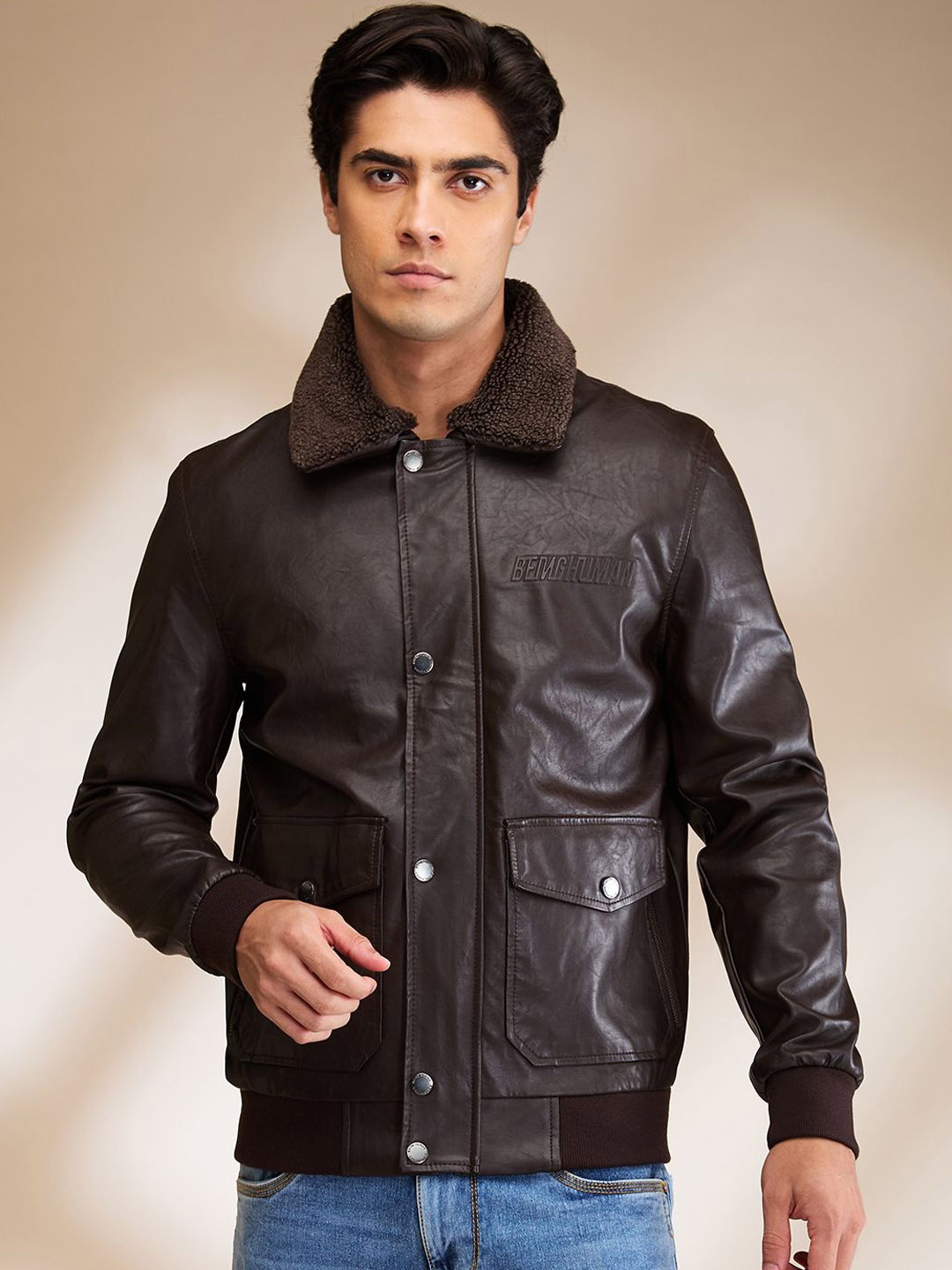 

Being Human Men Spread Collar Biker Jacket With Faux Fur Detailed, Brown