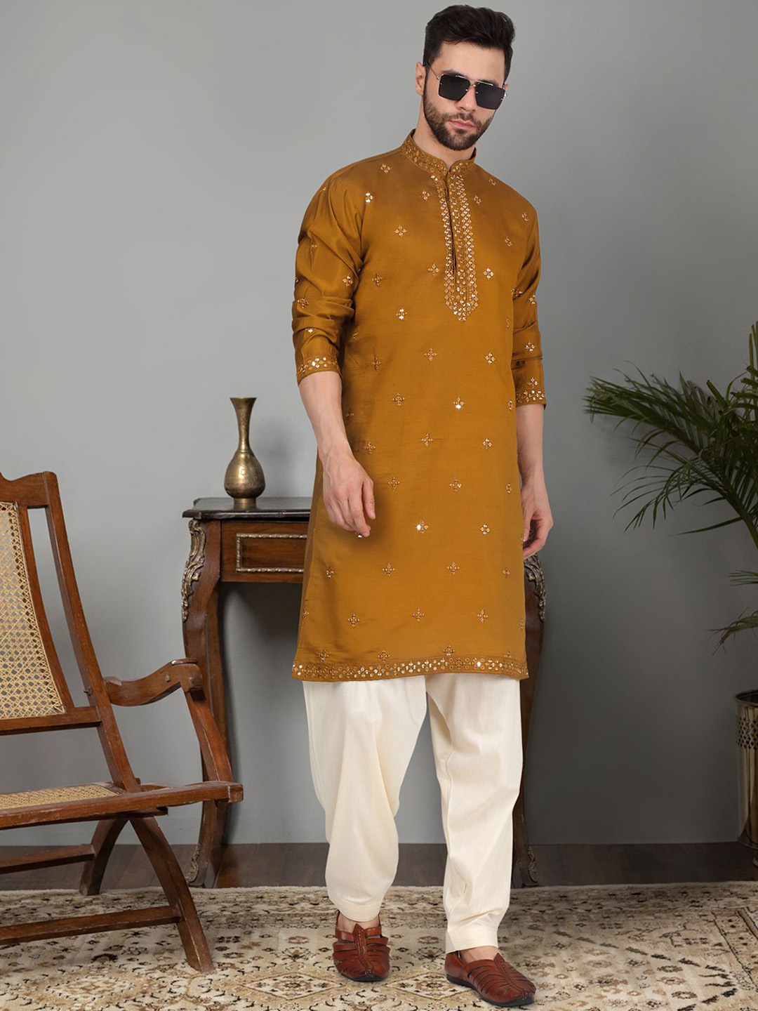 

KRAFT INDIA LUXE Ethnic Motifs Embroidered Mirror Work Cotton Silk Straight Kurta, Mustard
