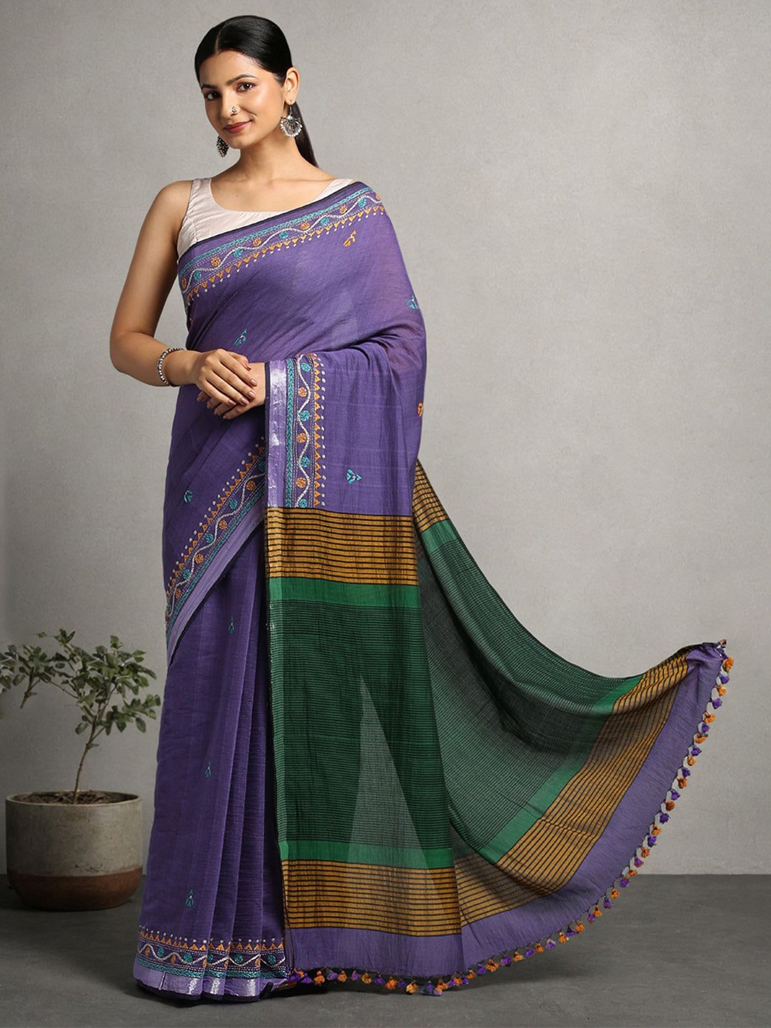 

ArtEastri Ethnic Motifs Handmade Violet Kantha Pure Cotton Saree with Blouse piece