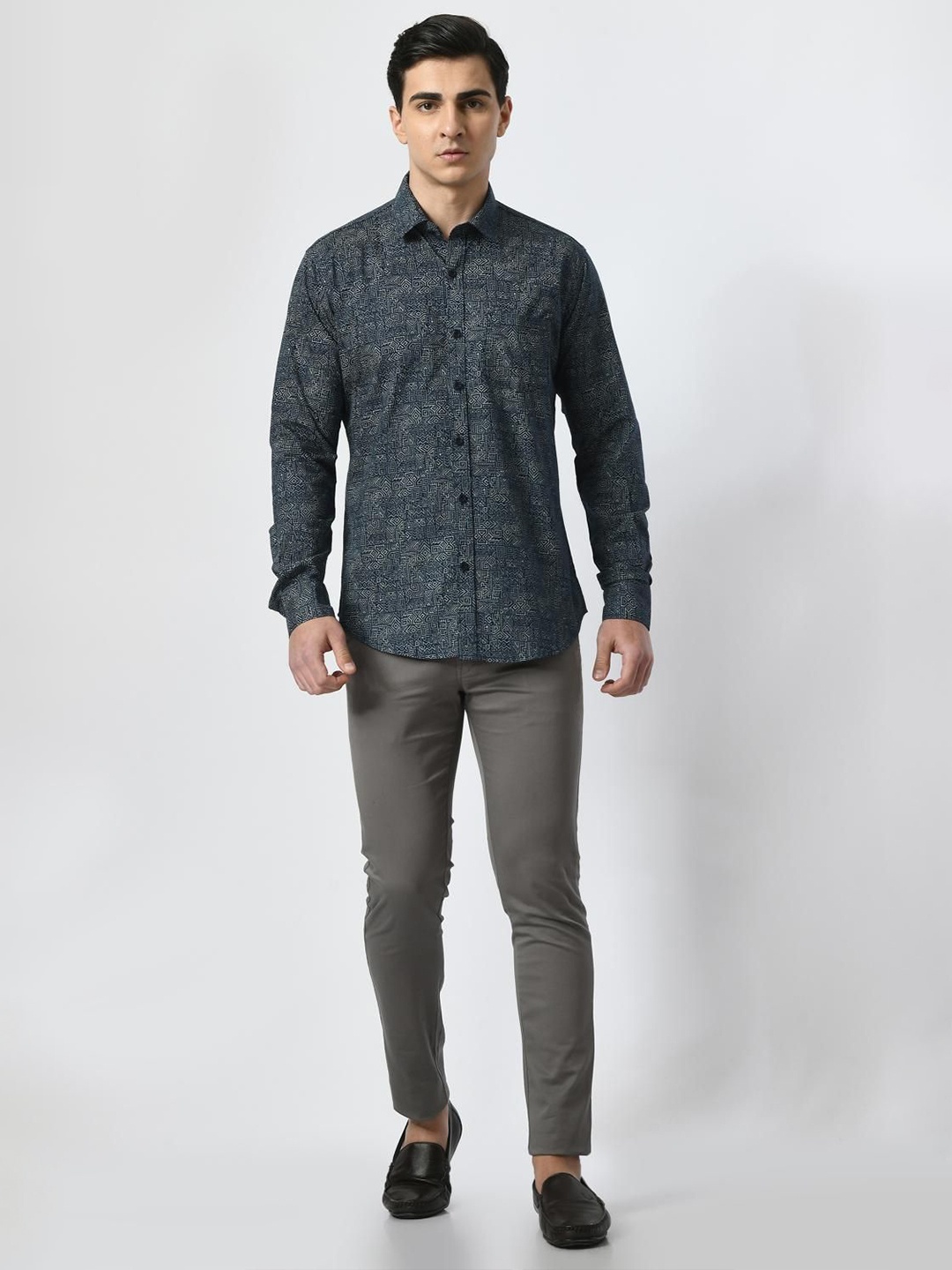

PEBCO Men Classic Spread Collar Geometric Printed Cotton Slim Fit Casual Shirt, Blue