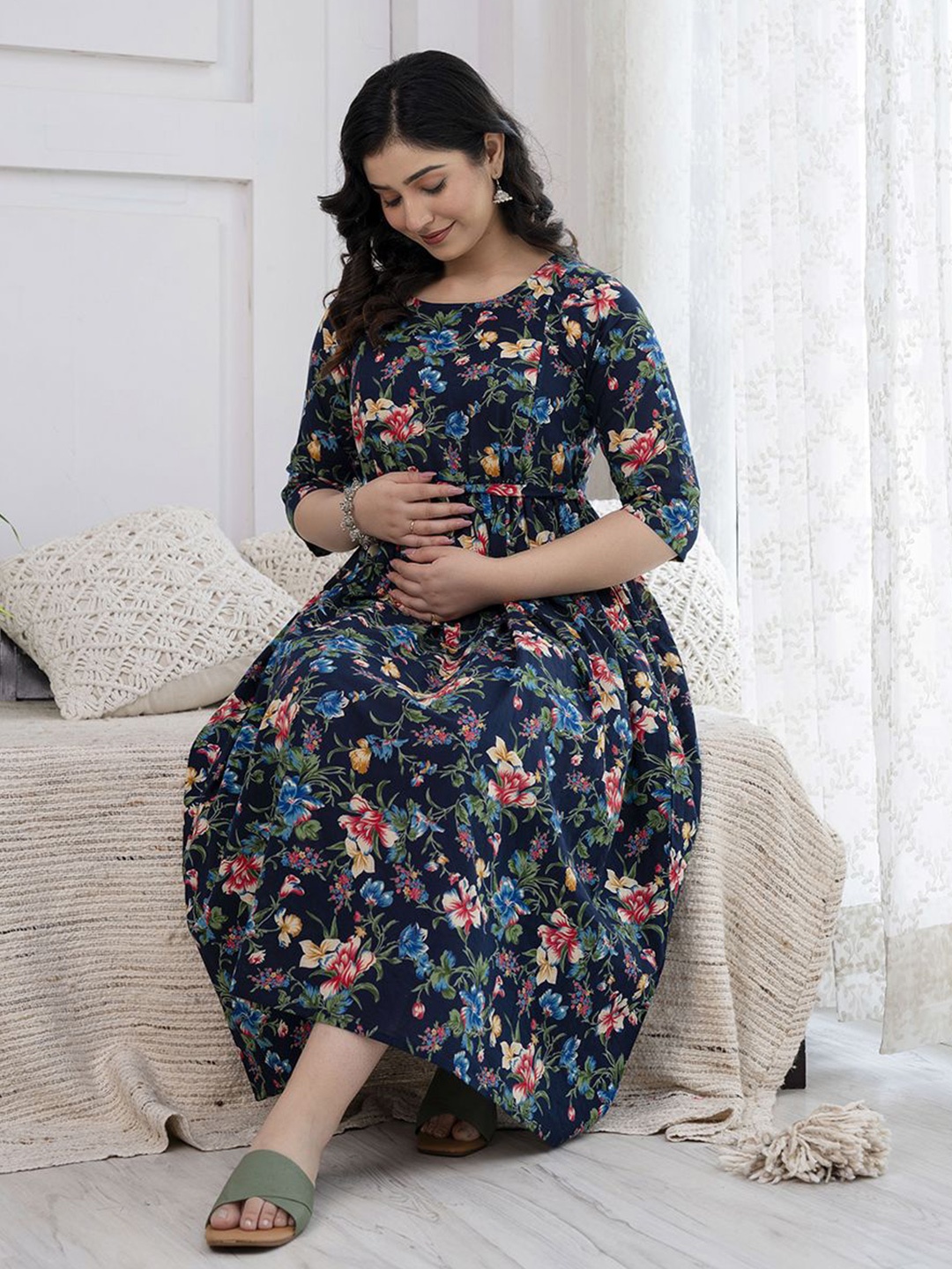 

Nayo Women Floral Printed Maternity Maxi Dress, Navy blue