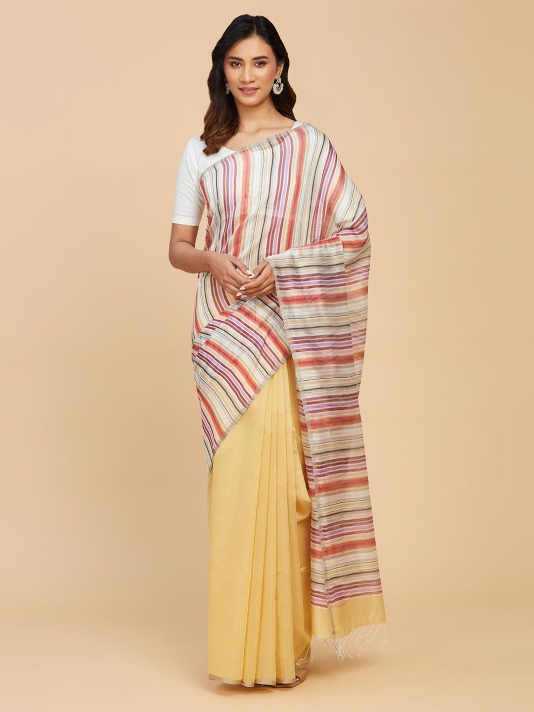 

Fabindia Striped Saree, Beige