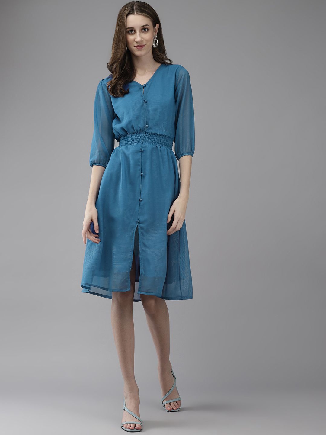 

BAESD Puff Sleeve Georgette Fit & Flare Dress, Teal