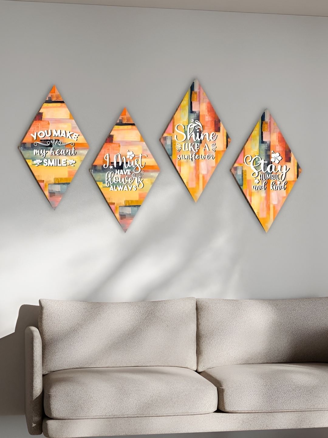 

CVANU Orange Colored & White 4 Pieces Quotes Printed Wooden Wall Hangings