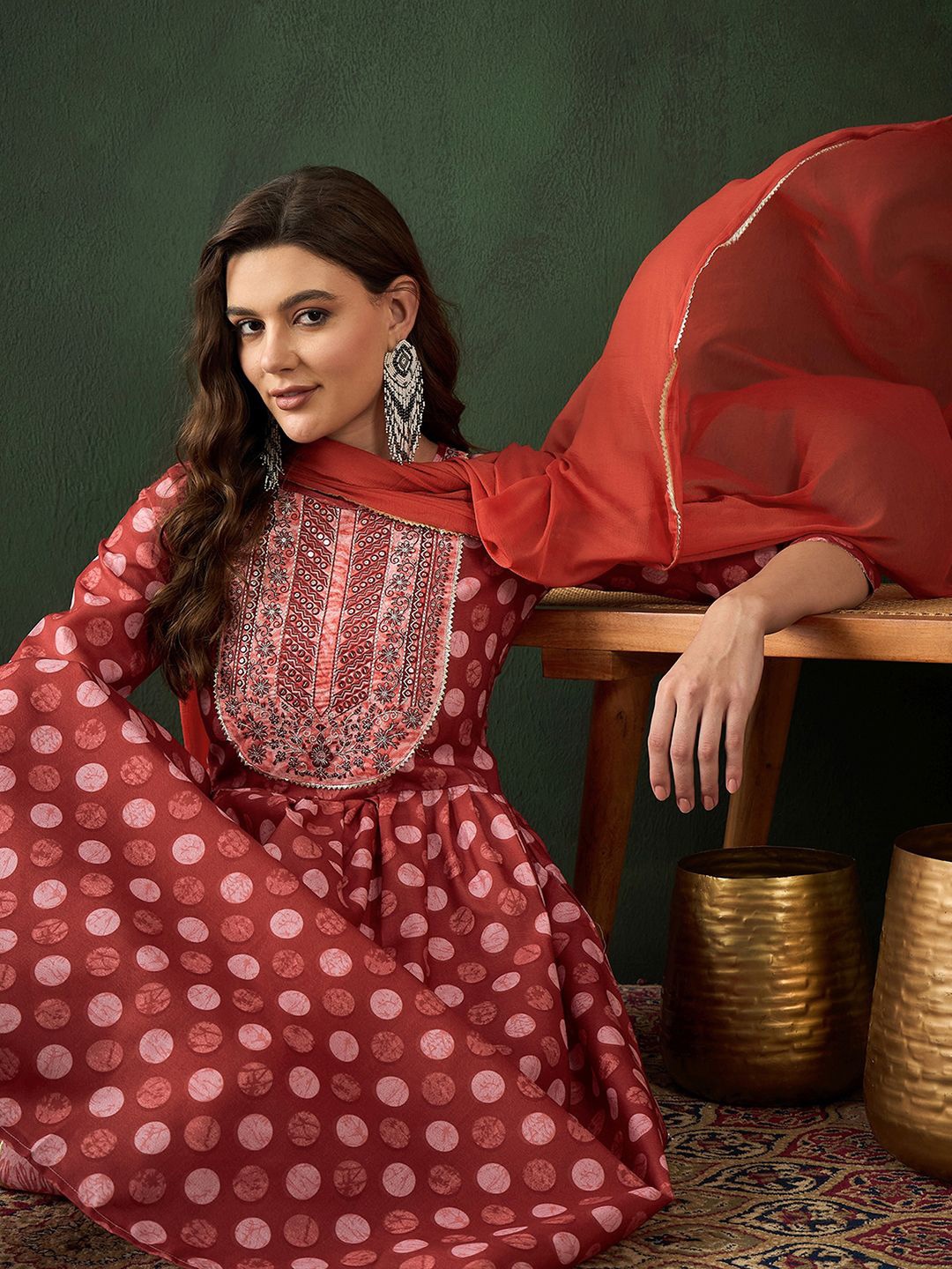 

Sangria Geometric Printed With Zari Embroidered Anarkali Kurta & Trousers with Dupatta, Red