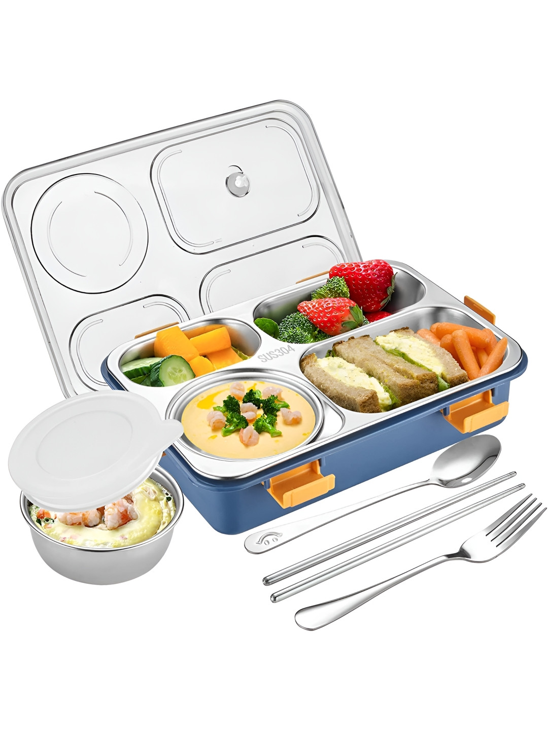 

NeonateCare Blue Stainless Steel 4 Compartment Lunch Box with Spoon & Fork