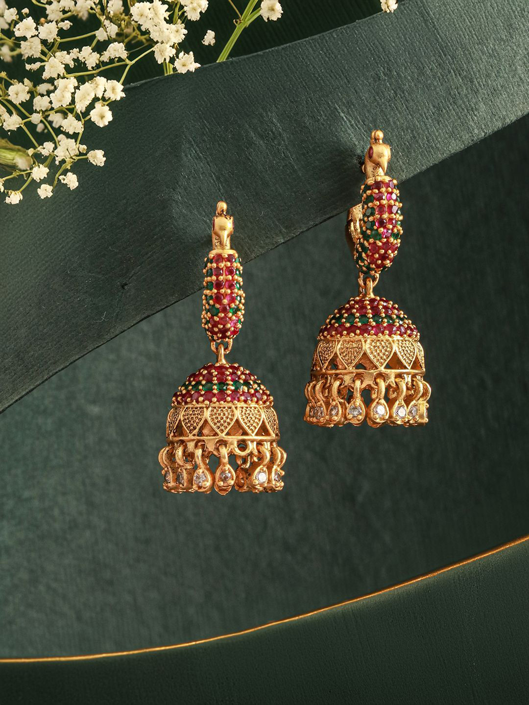 

Jazz and Sizzle 24CT Gold-Plated Stone Studded & Beaded Peacock Shaped Jhumkas