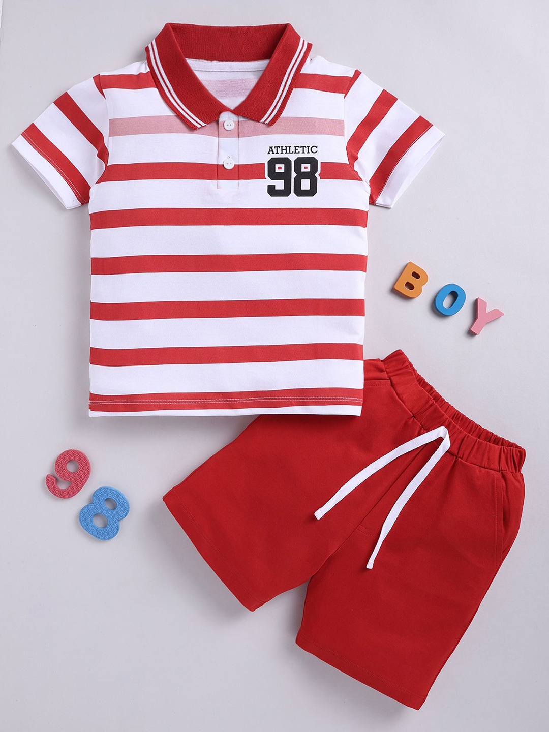 

LITTLE NINJA Boys Striped Polo Neck Short Sleeves Pure Cotton T-shirt With Shorts, Red