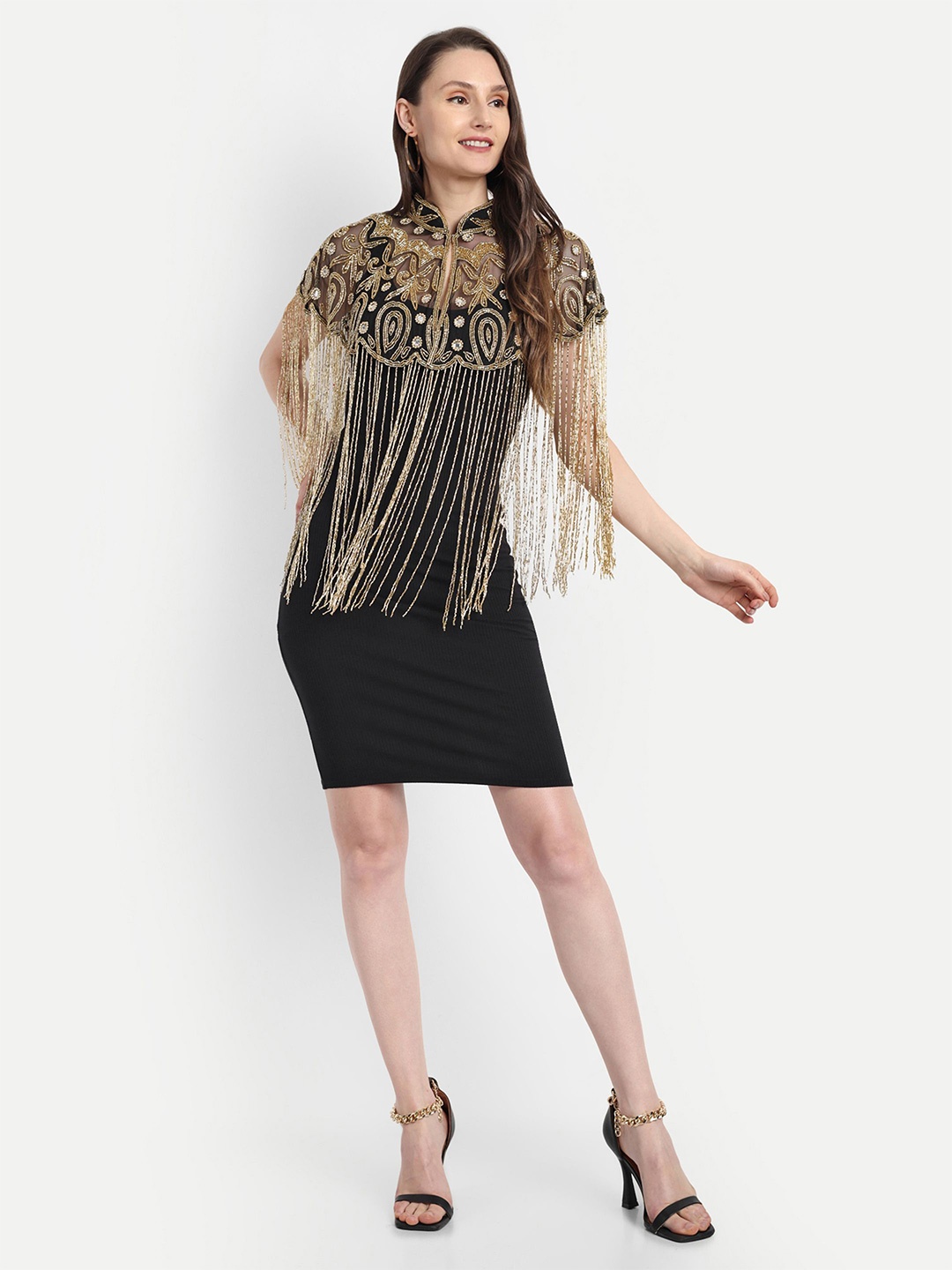 

HAUTEMODA Embellished Beads Cape poncho, Beige