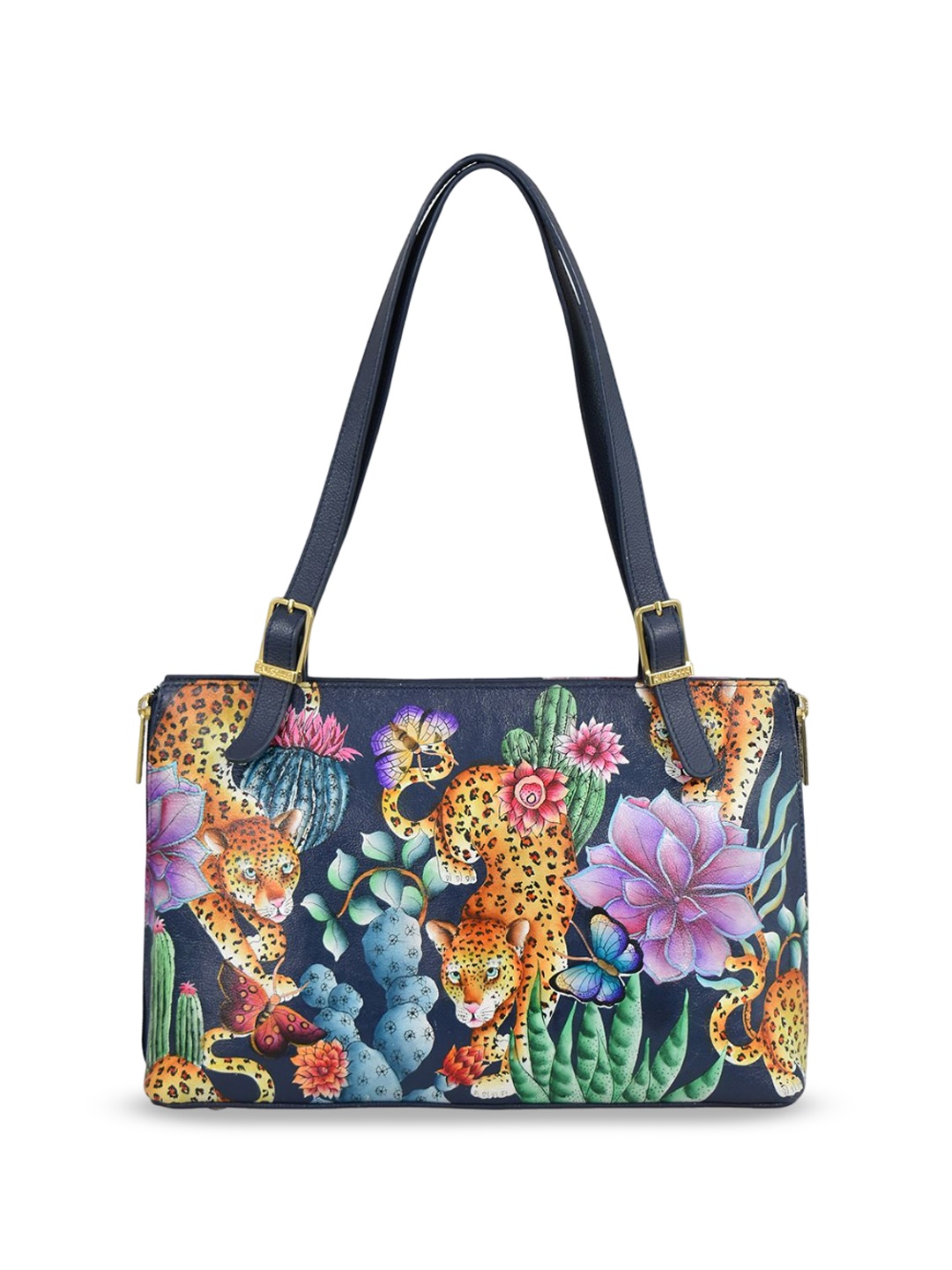 

Anuschka Women Leather Floral Printed Leather Structured Shoulder Bag, Navy blue