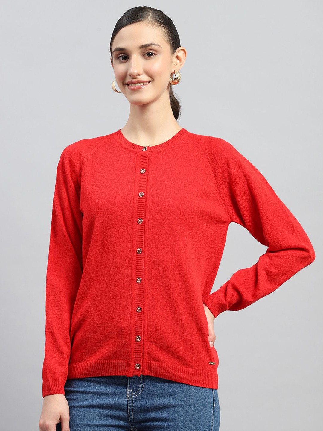 

Monte Carlo Women Solid Round Neck Woollen Cardigan, Red