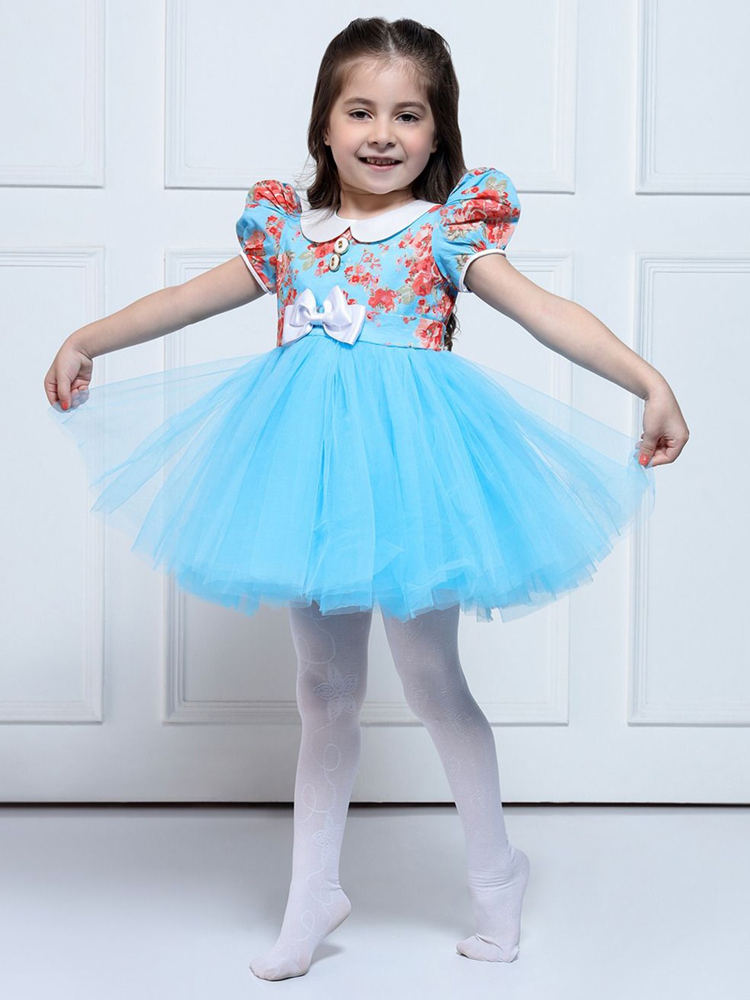 

THE PONY & PEONY CO. Girls Floral Printed Bow Detail Fit & Flare Dress, Blue