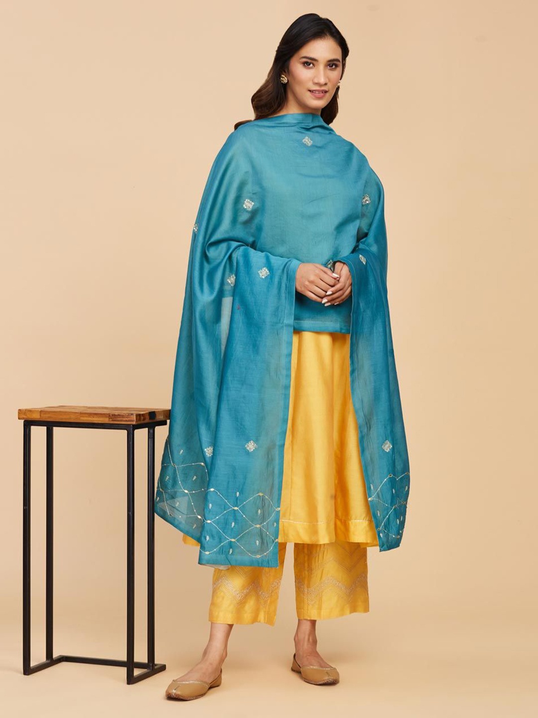 

Fabindia Ethnic Motifs Embroidered Sequinned Cotton Silk Dupatta, Turquoise blue