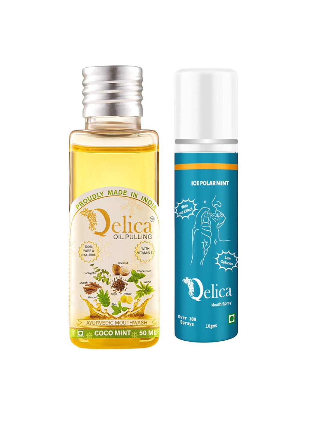 

Qelica Set Of 2 Ayurvedic Coco Mint Oil Pulling-50ml With Ice Polar Mint Mouth Spray-10ml, Transparent