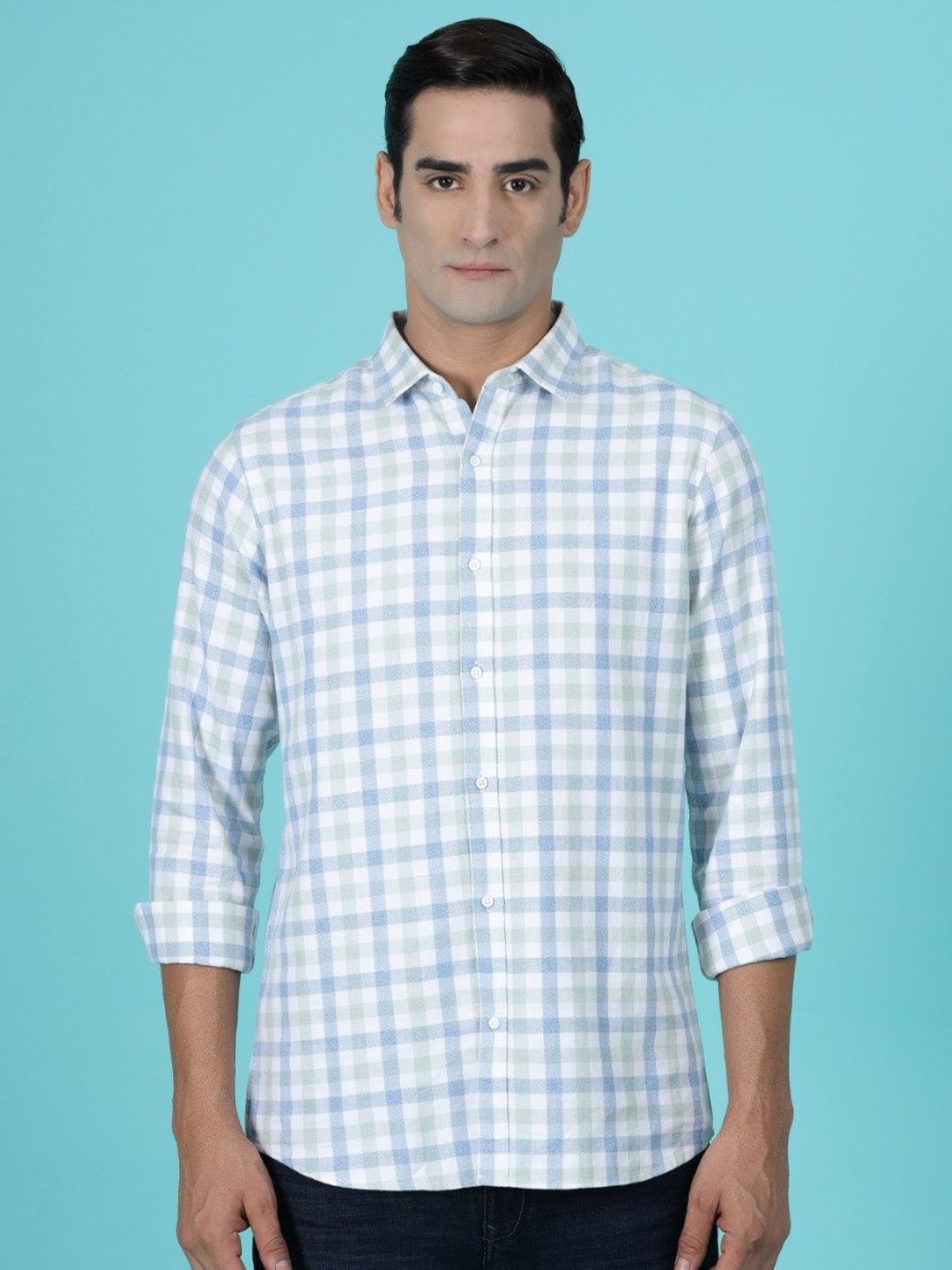 

Gavin Paris Men Original Spread Collar Checked Cotton Semiformal Shirt, Blue