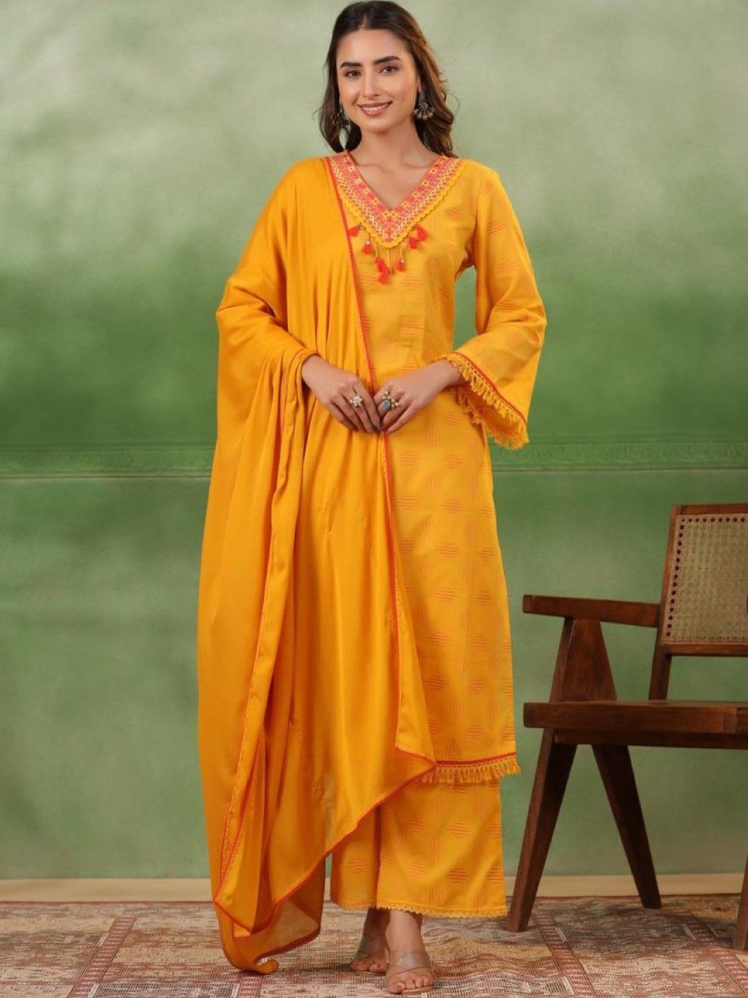 

AUTUMN LANE Geometric Printed Mirror Work Pure Cotton Straight Kurta & Palazzo & Dupatta, Yellow