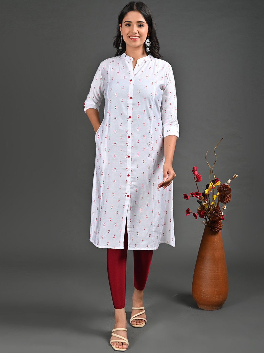 

GOLDSTROMS Ethnic Motifs Printed Mandarin Collar Roll-Up Sleeves A-Line Kurta, Off white