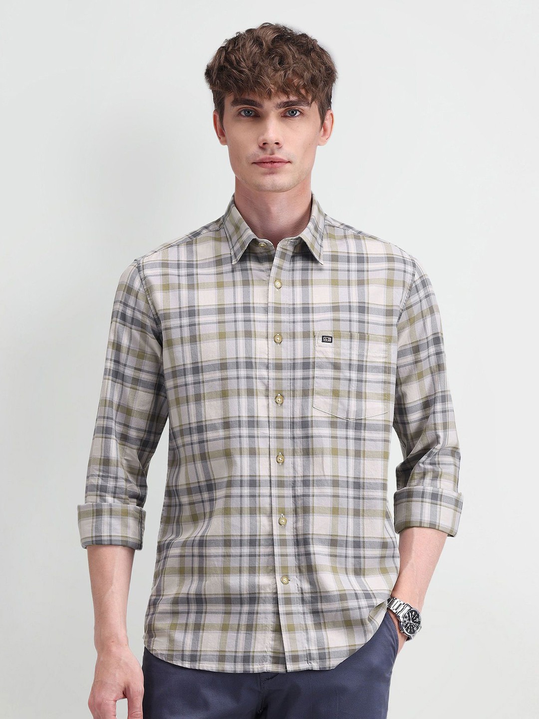 

Arrow Sport Men Comfort Spread Collar Tartan Checked Cotton Slim Fit Casual Shirt, Grey