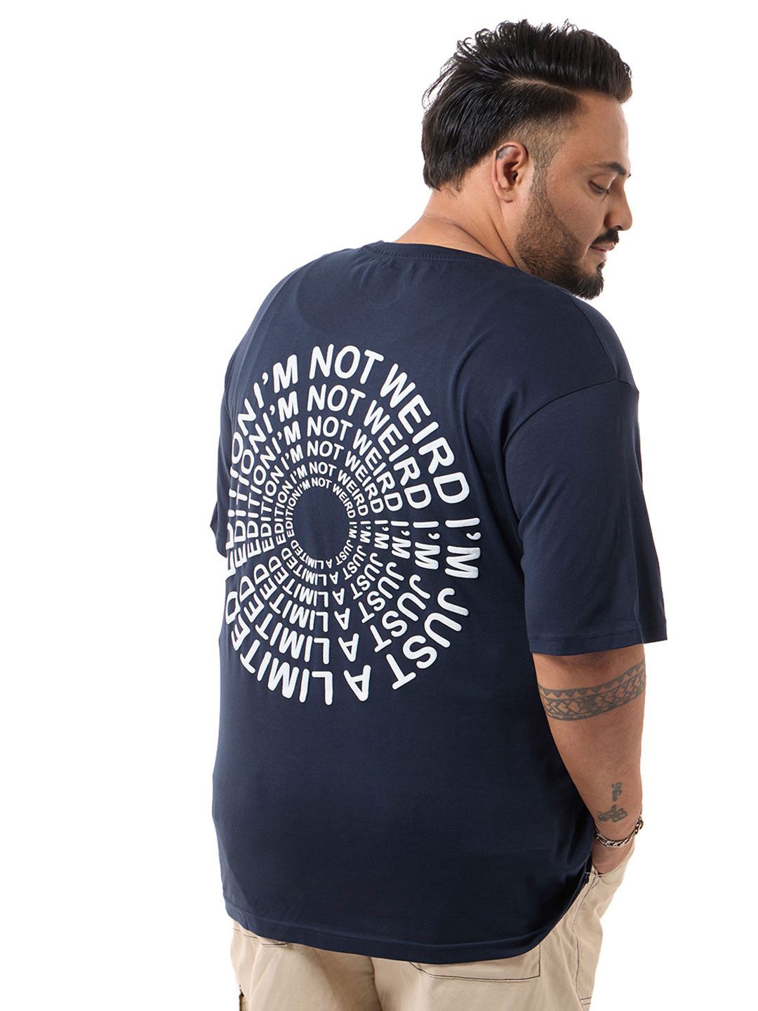 

Bewakoof Plus Men Typography Printed Round Neck Pure Cotton Plus Size T-shirt, Blue