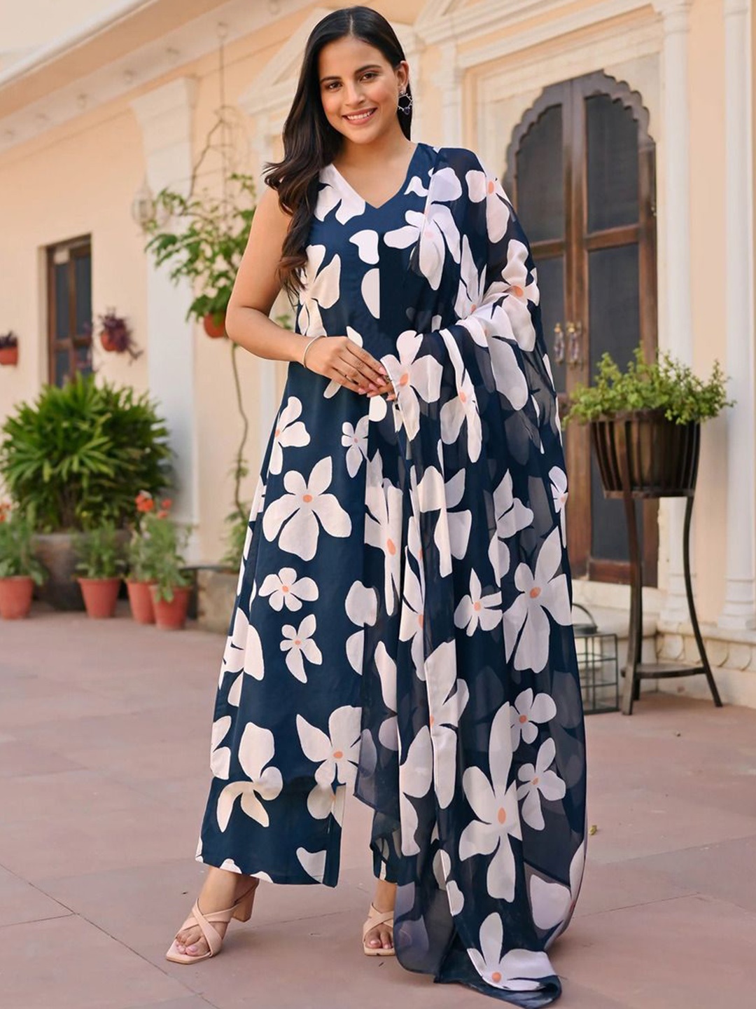 

KALINI Floral Printed V-Neck A-Line Kurta With Palazzos & Dupatta, Blue