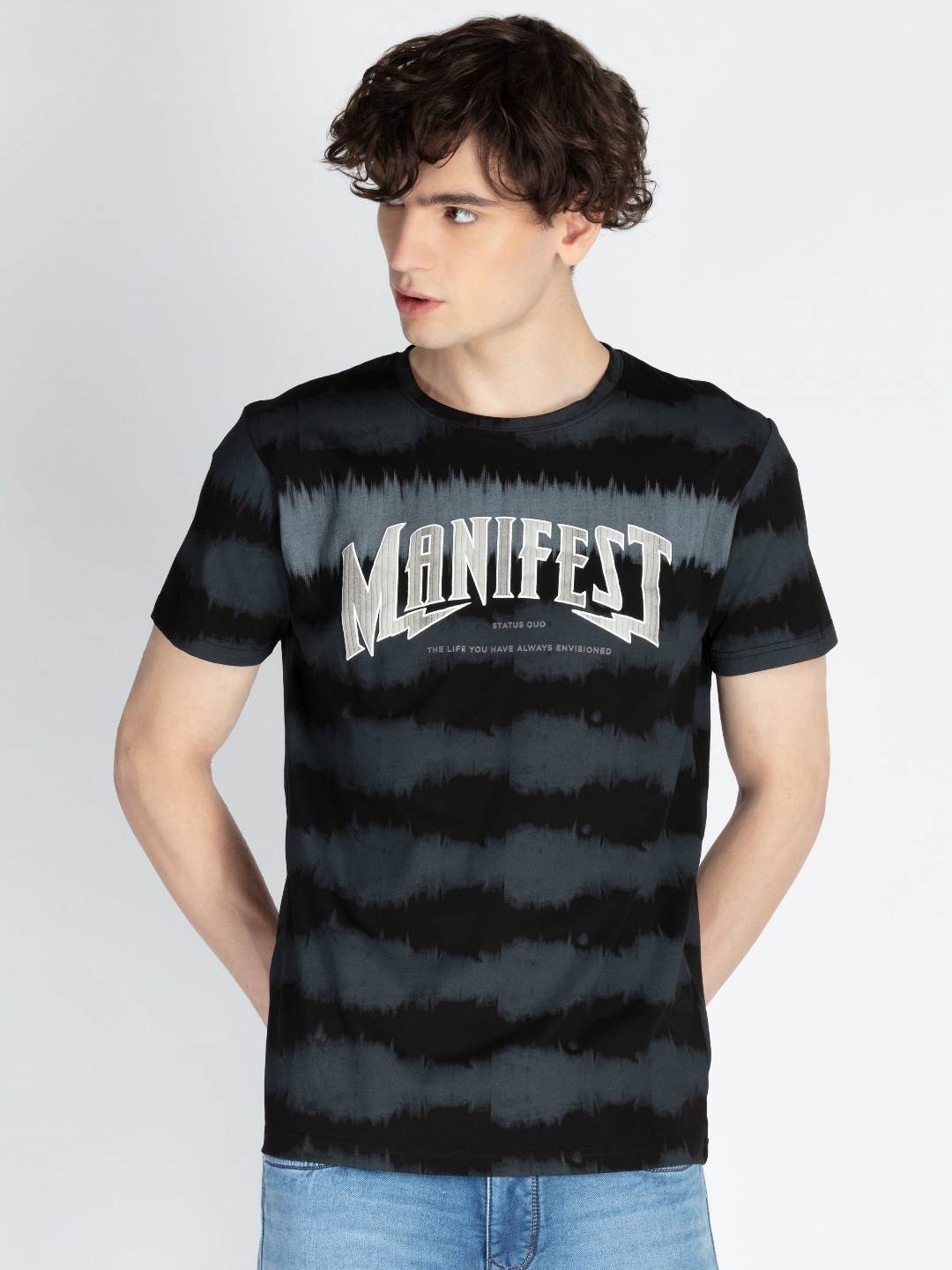 

Status Quo Men Abstract Printed Round Neck Pure Cotton T-shirt, Black