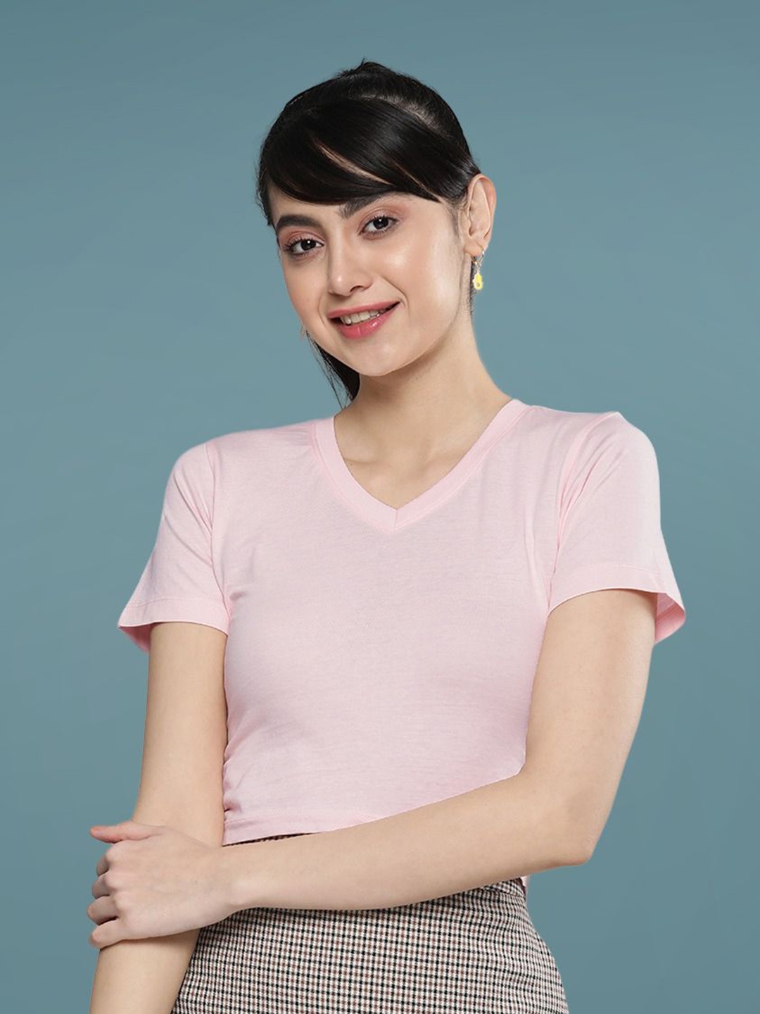 

DressBerry Women Solid V-Neck Cotton Slim Fit T-shirt, Pink