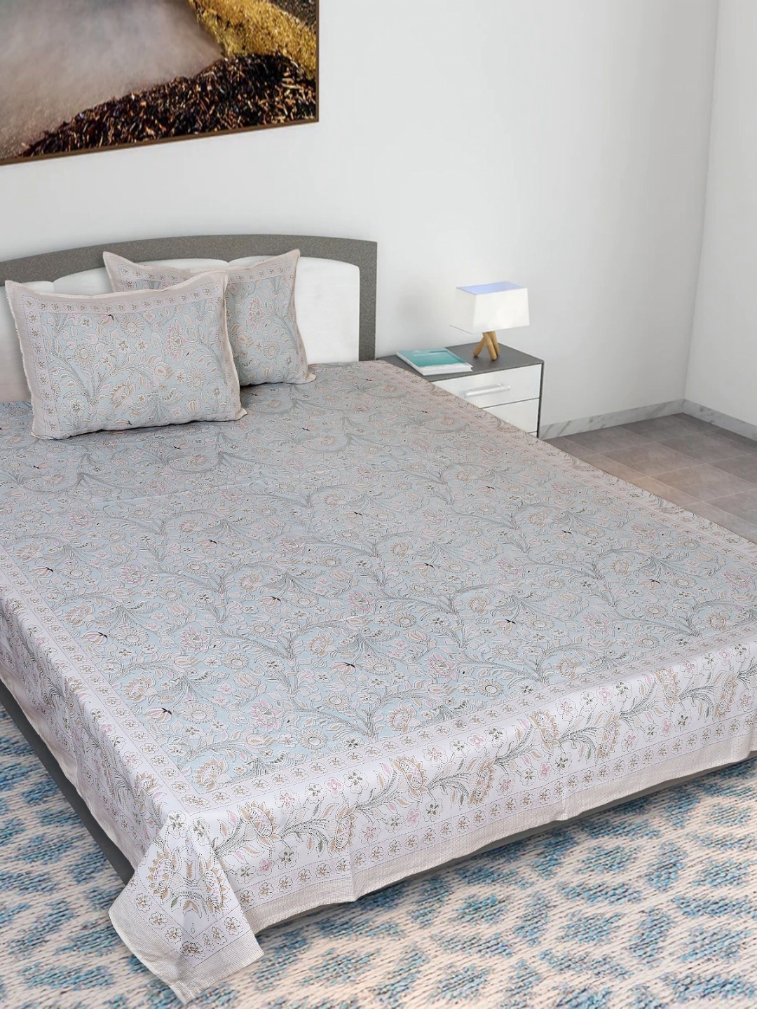

Texstylers Blue & Brown Kantha 210 TC Cotton King Bedsheet With 2 Pillow Covers
