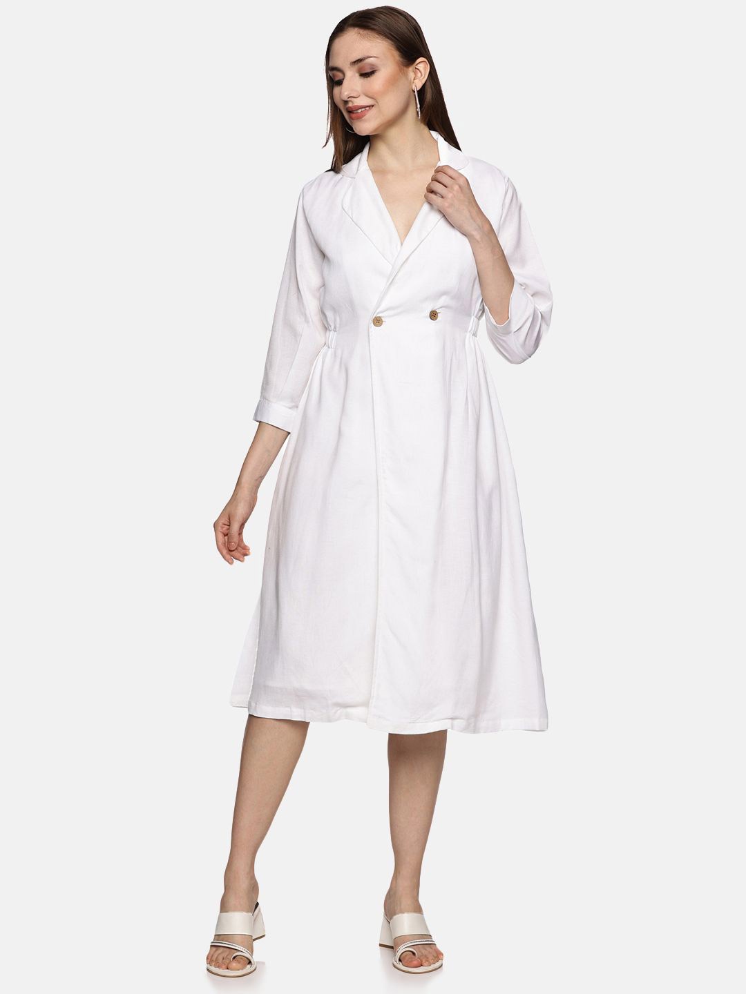 

Indyvarna Women Solid Shirt Collar A-Line Knee Length Dress, White
