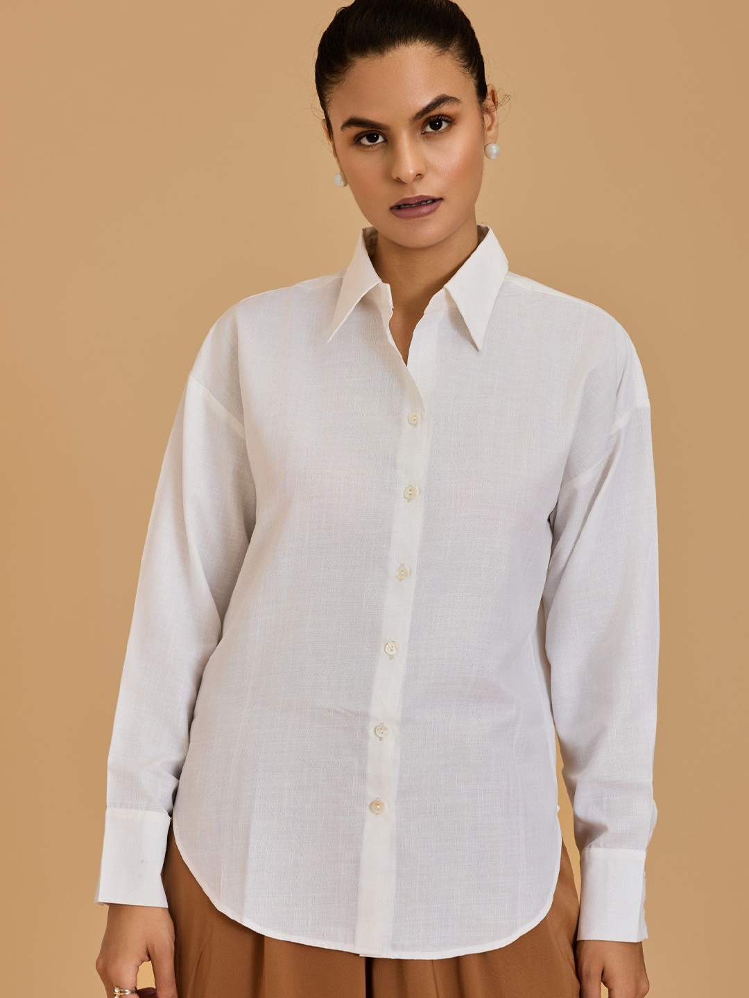 

Urban Sundari Women New Spread Collar Solid Cotton Casual Shirt, White