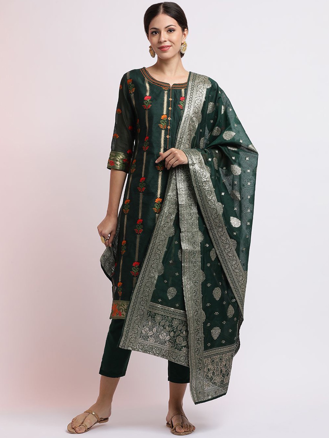 

Jaipur Kurti Green Floral Woven Design Chanderi Silk Kurta with Trousers & Dupatta