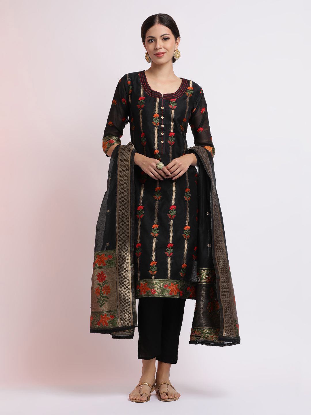 

Jaipur Kurti Embroidered Jacquard Kurta Set with Dupatta, Black