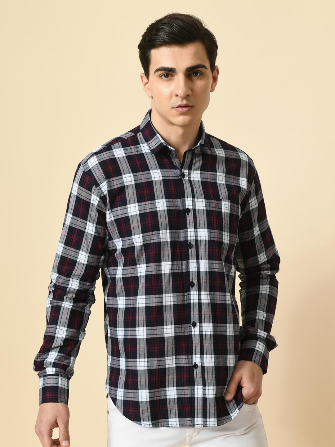 

PEBCO Men Classic Checked Cotton Slim Fit Casual Shirt, Red