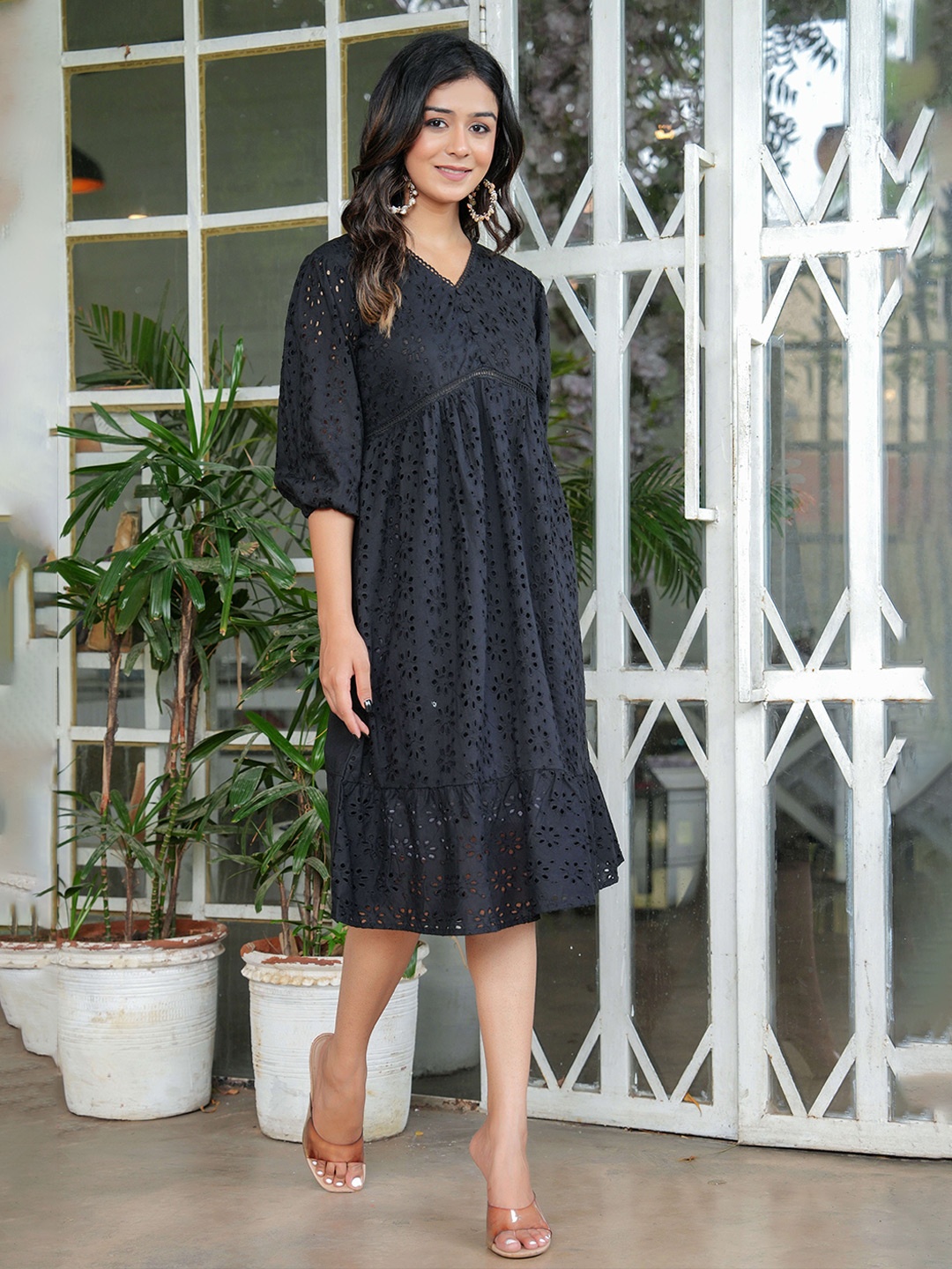 

BAESD Puff Sleeve Pure Cotton Schiffli Empire Midi Dress, Black