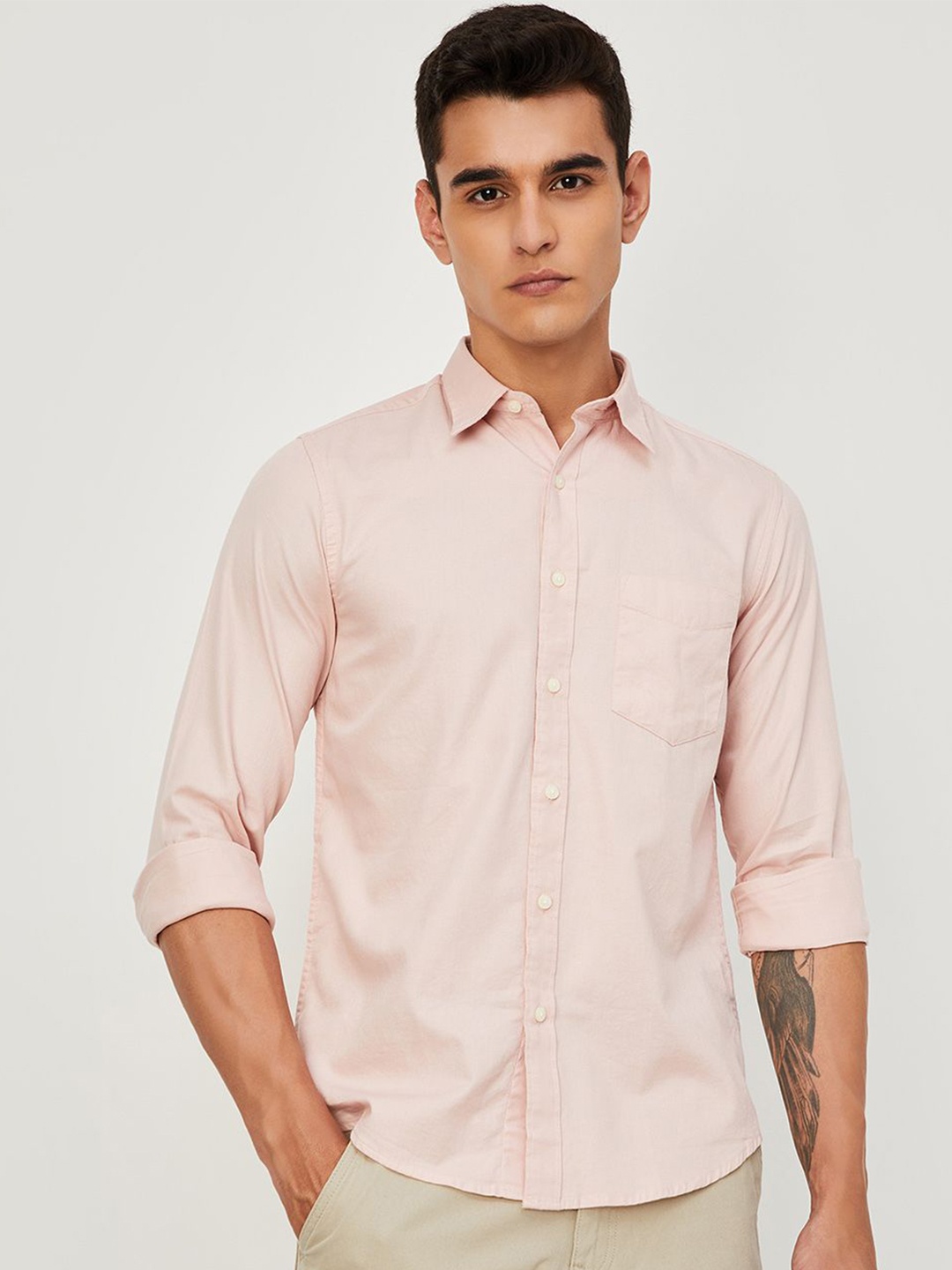 

max Men Spread Collar Solid Cotton Casual Shirt, Pink
