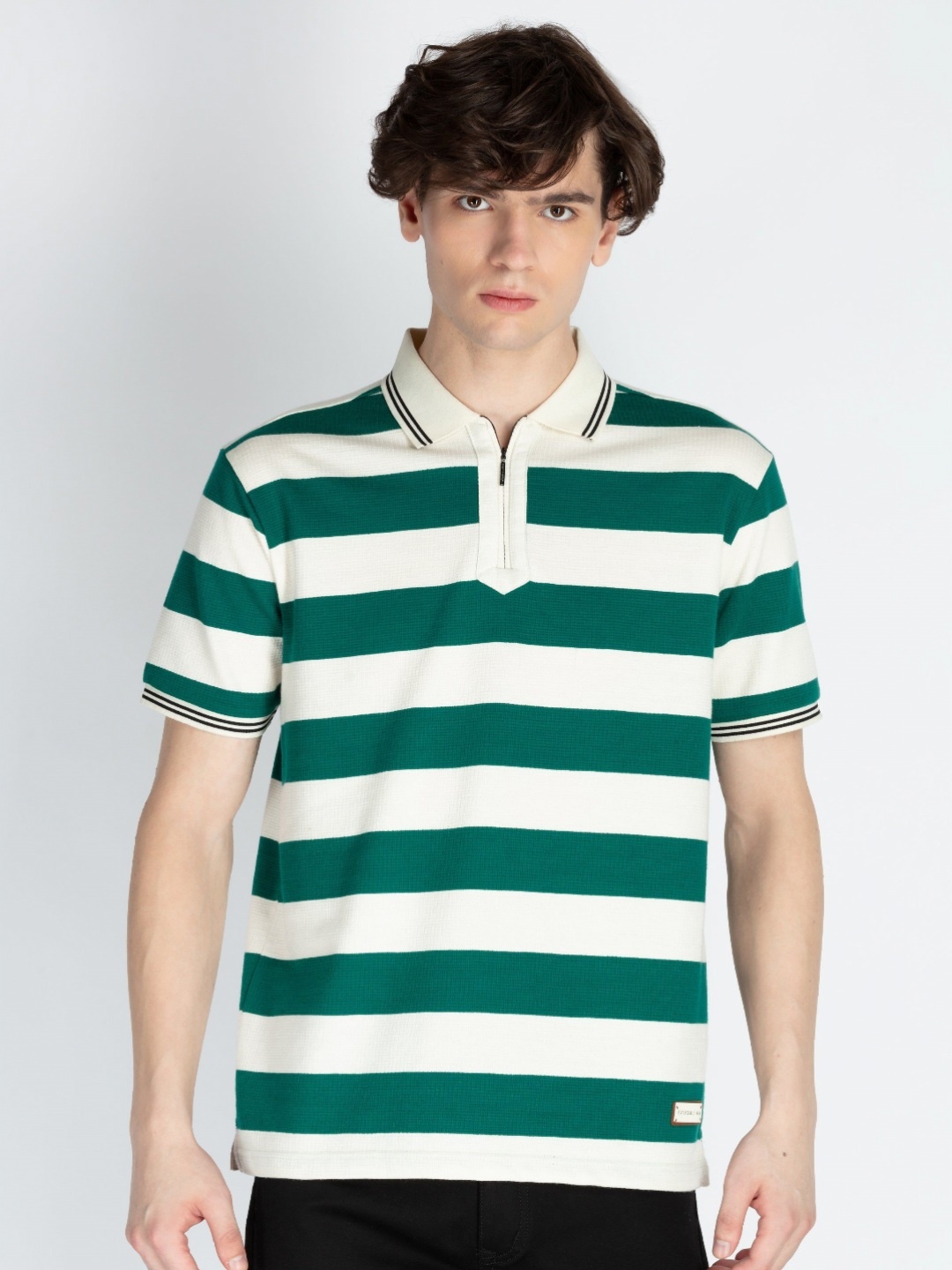 

Status Quo Men Striped Polo Collar Cotton T-shirt, Green