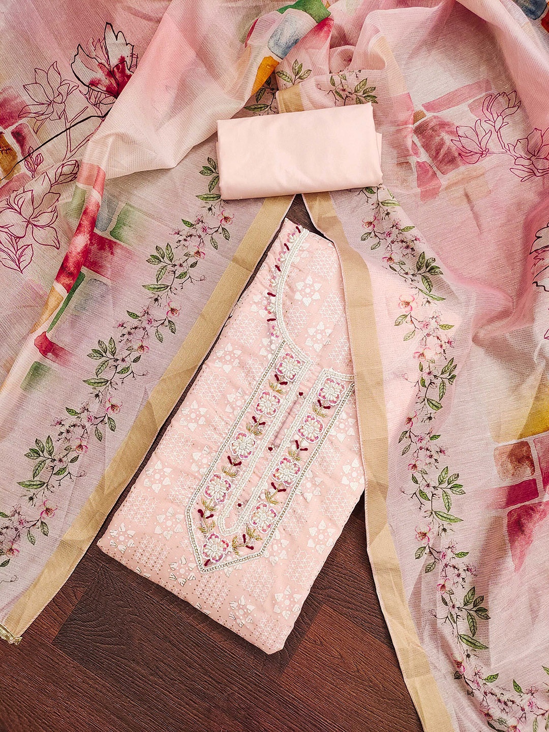 

Ishin Floral Woven Design Unstitched Dress Material, Peach